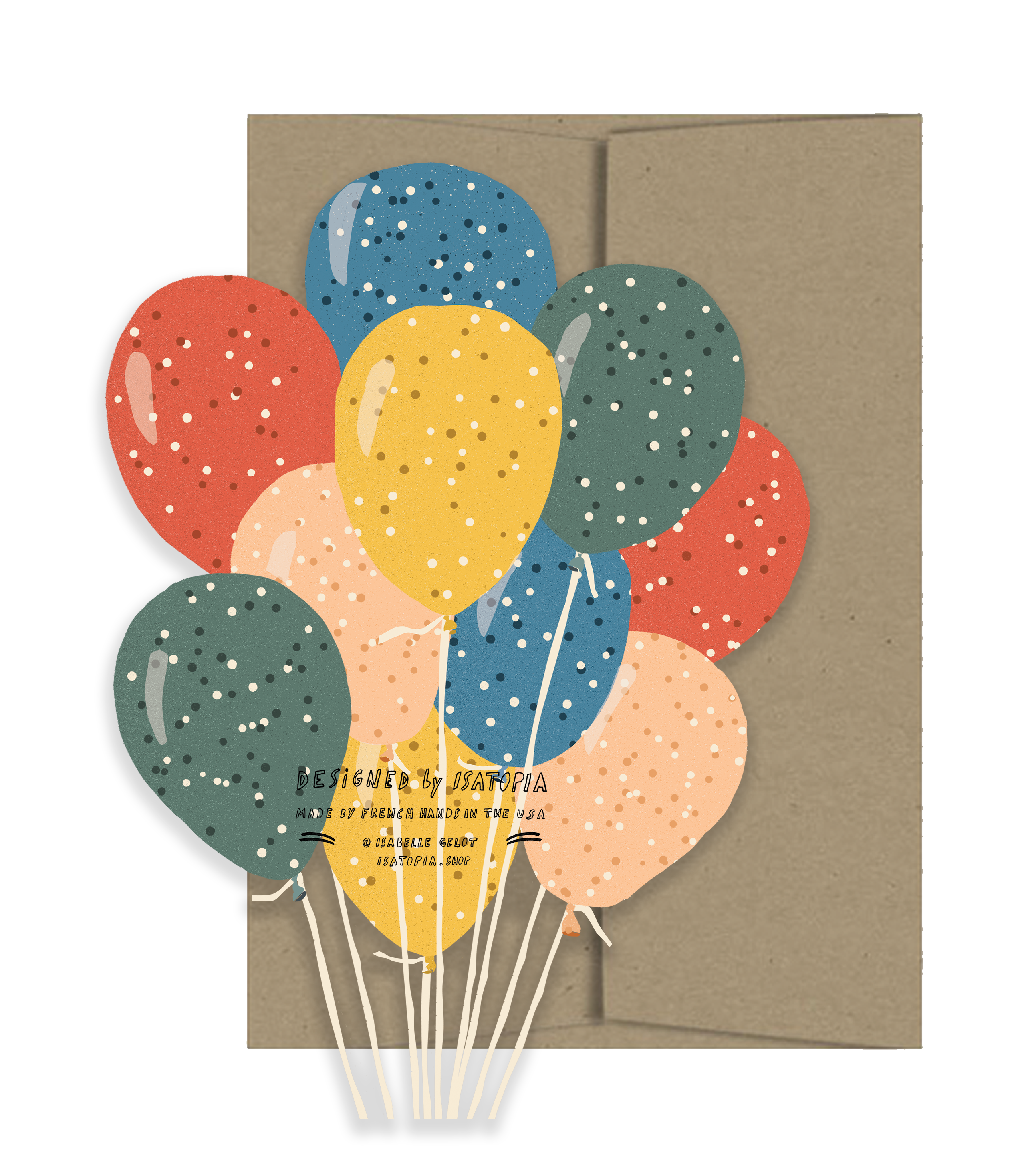 Greeting card with colorful balloons and text on a brown envelope