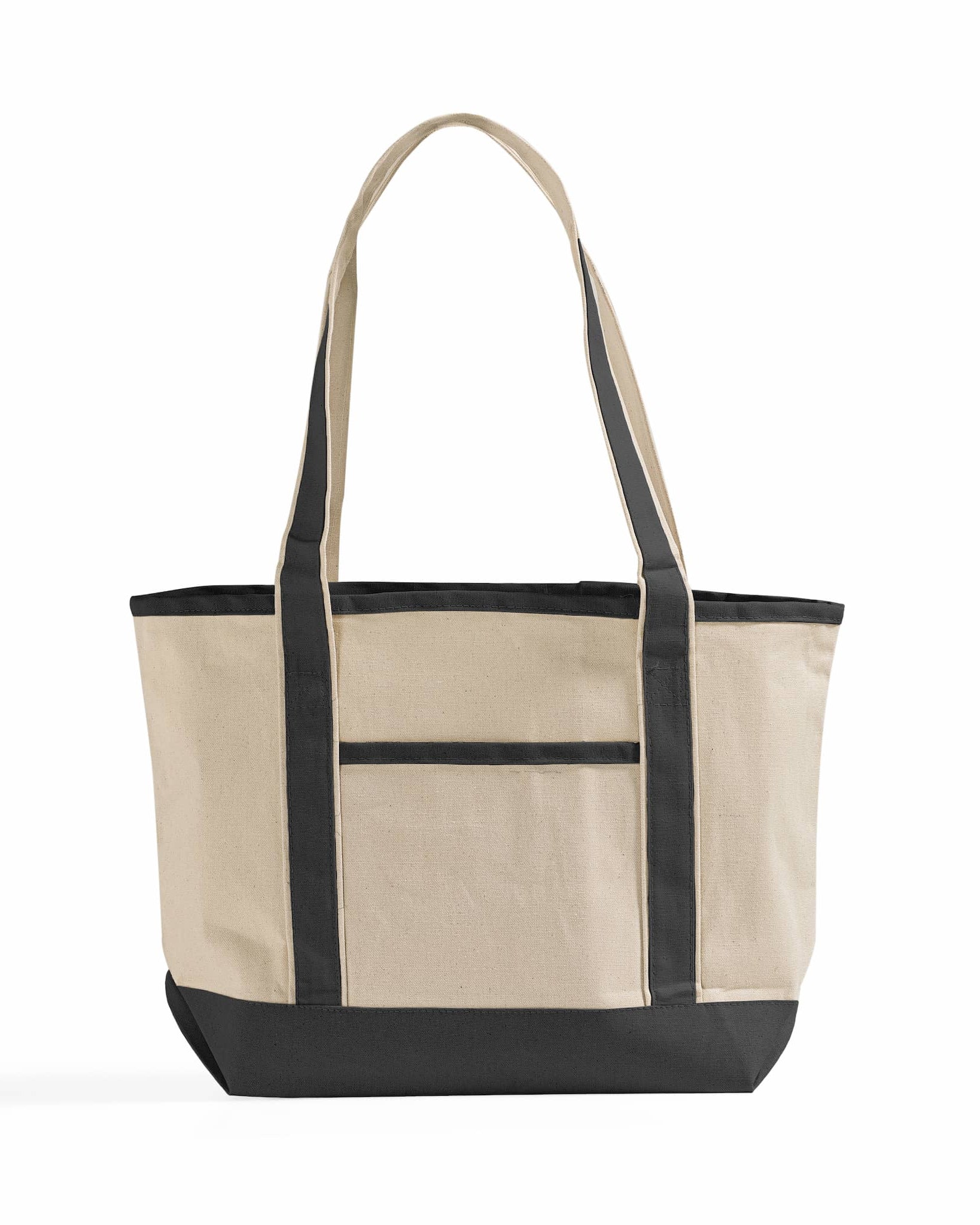Beige and black tote bag on a white background