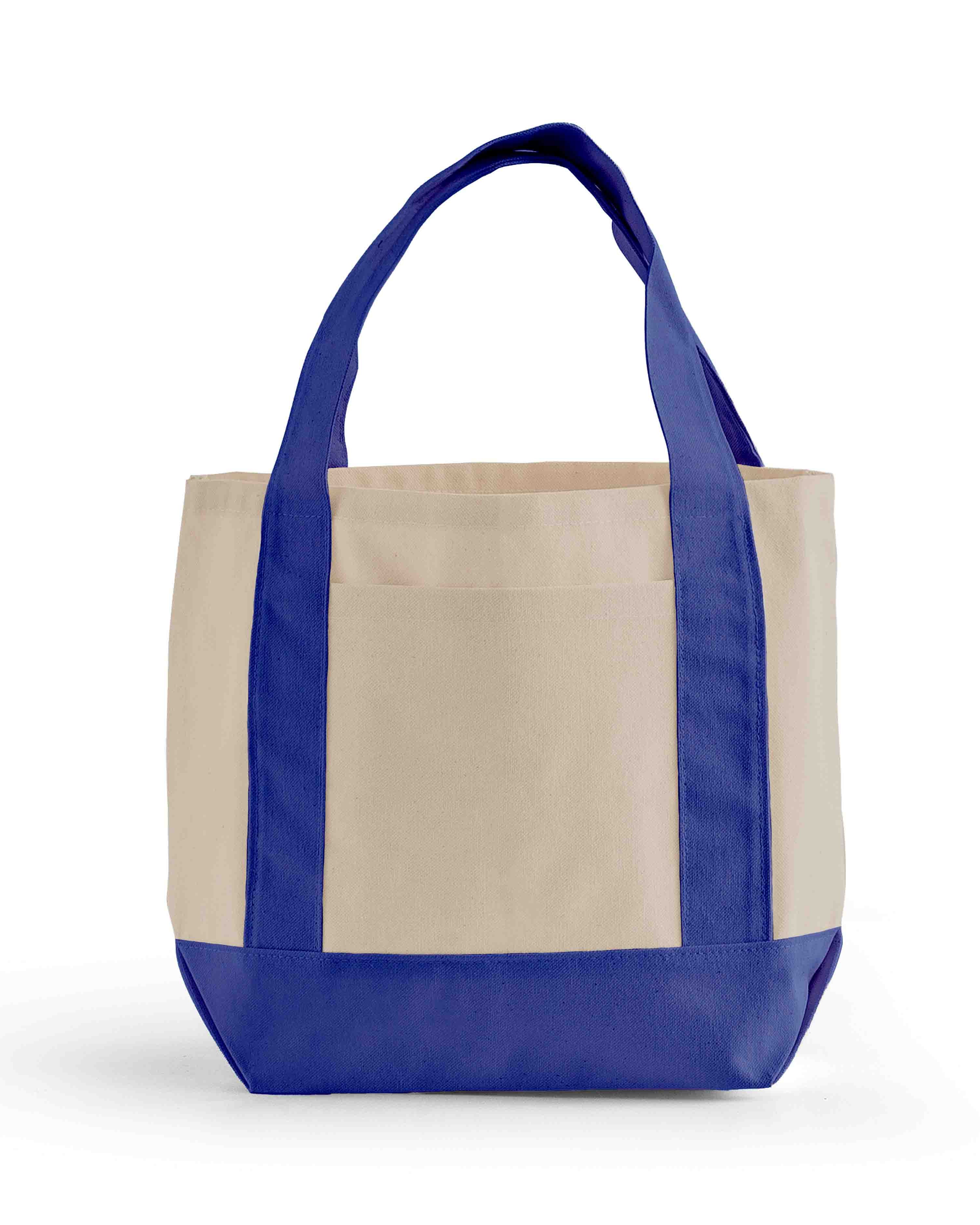 Tote bag with blue top half and beige bottom half on a white background