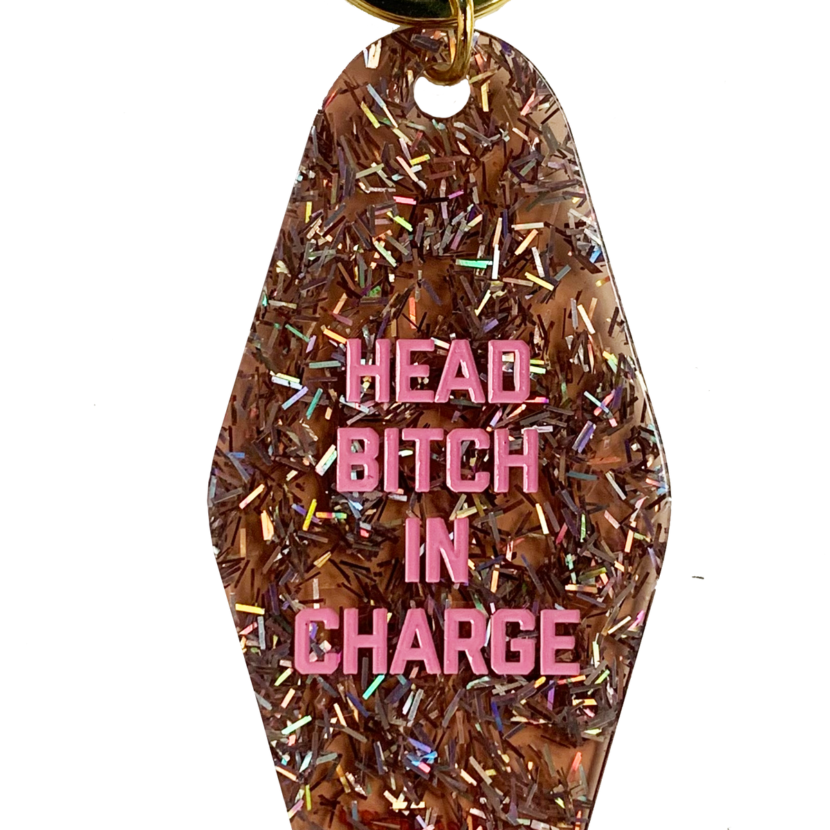 Brown with confetti colored Head Bitch In Charge motel keychain