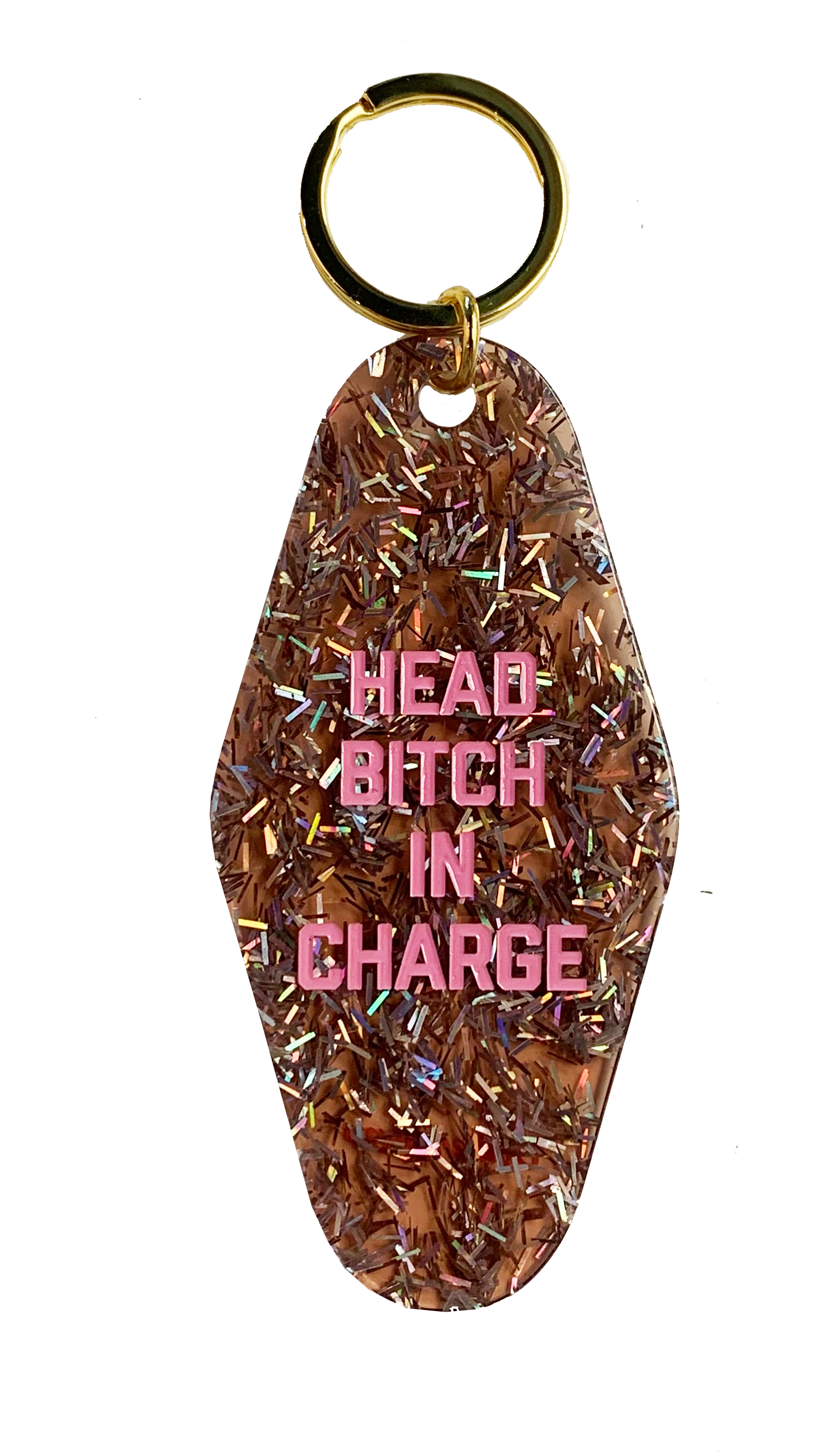 Brown with confetti colored Head Bitch In Charge motel keychain
