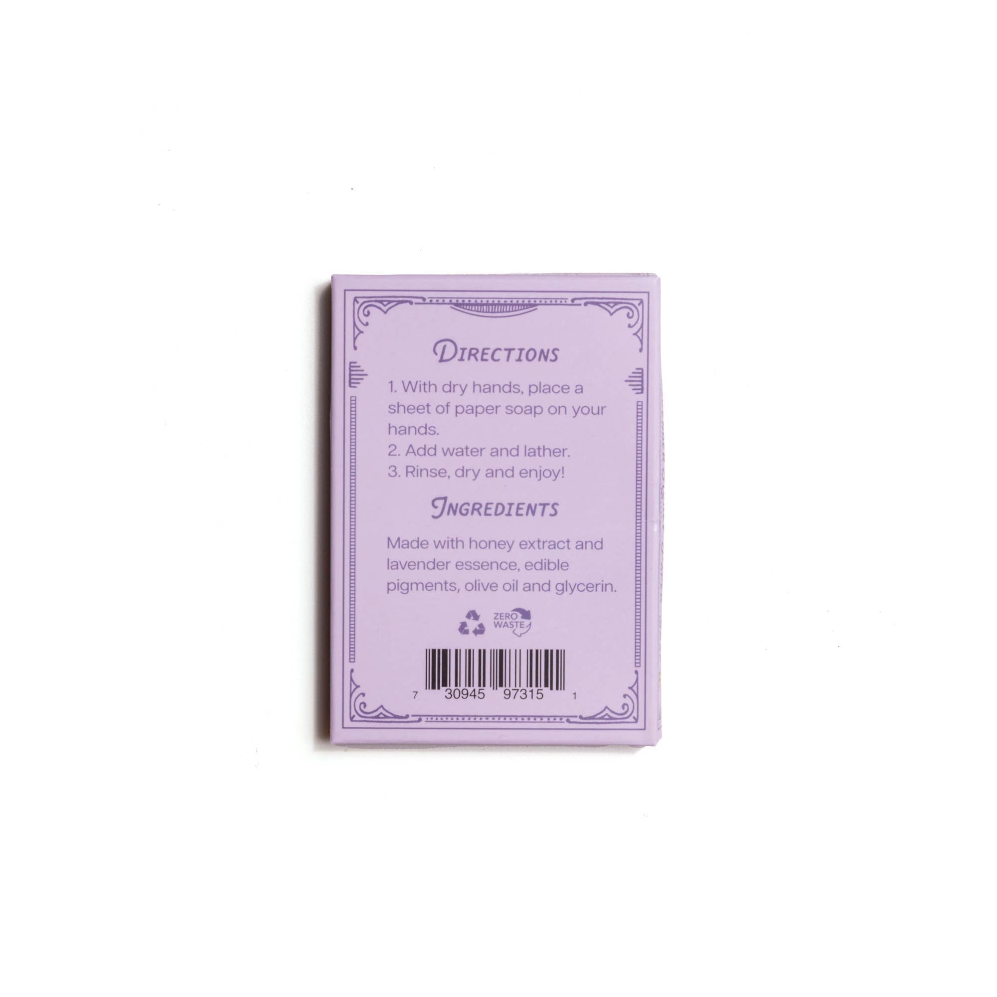 Purple soap packaging with text on a white background