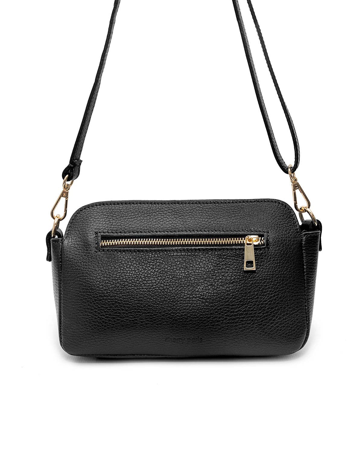 A black pebbled leather crossbody bag with a front zippered pocket and gold-tone hardware, shown against a plain white background.