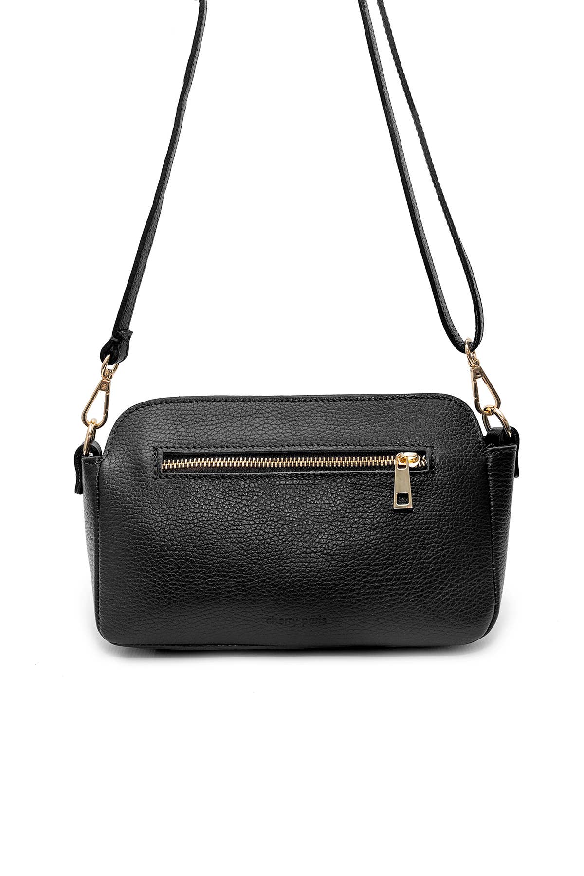 A black pebbled leather crossbody bag with a front zippered pocket and gold-tone hardware, shown against a plain white background.