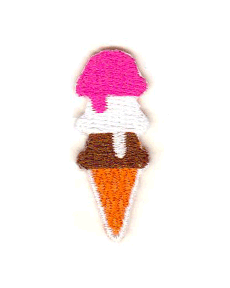 Embroidered patch of an ice cream cone with pink top, white middle, and orange cone on a white background.