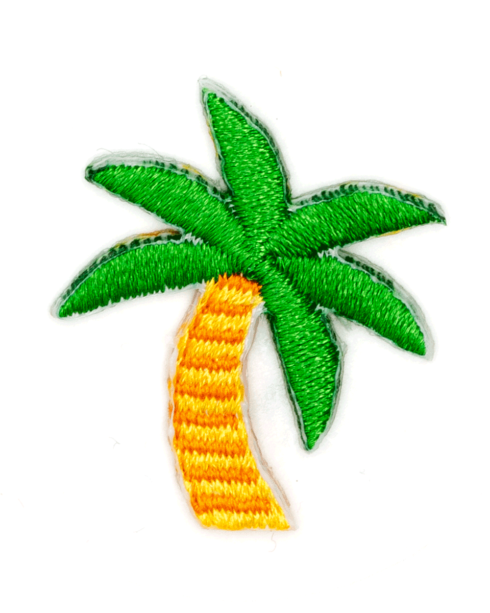 Embroidered patch of a palm tree with green leaves and an orange trunk on a white background