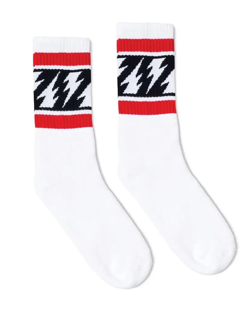 White tube socks with red stripe on top, black stripe with white lighting bolts in middle and red stripe on bottom