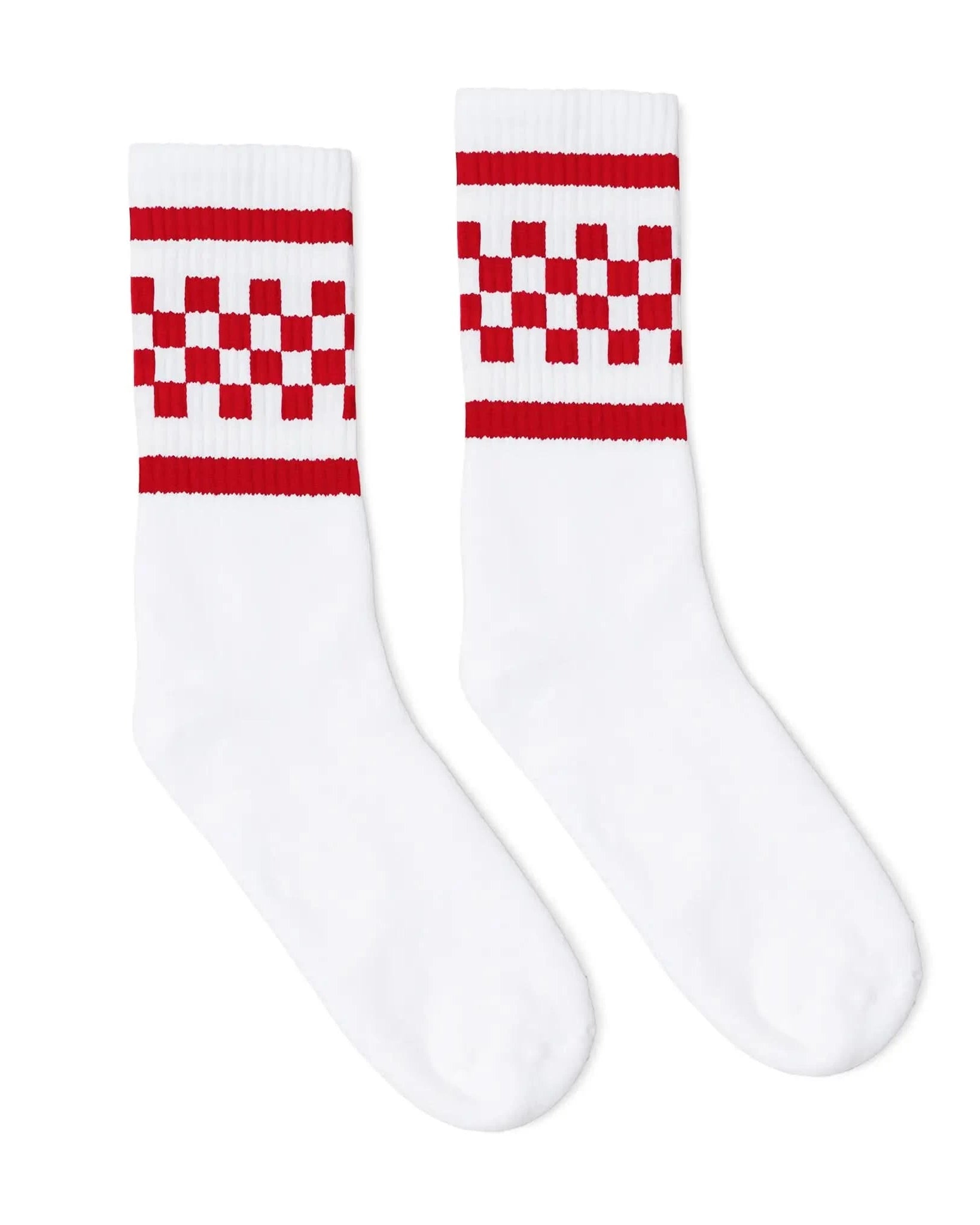 White socks with red and white checkered patterns on a white background