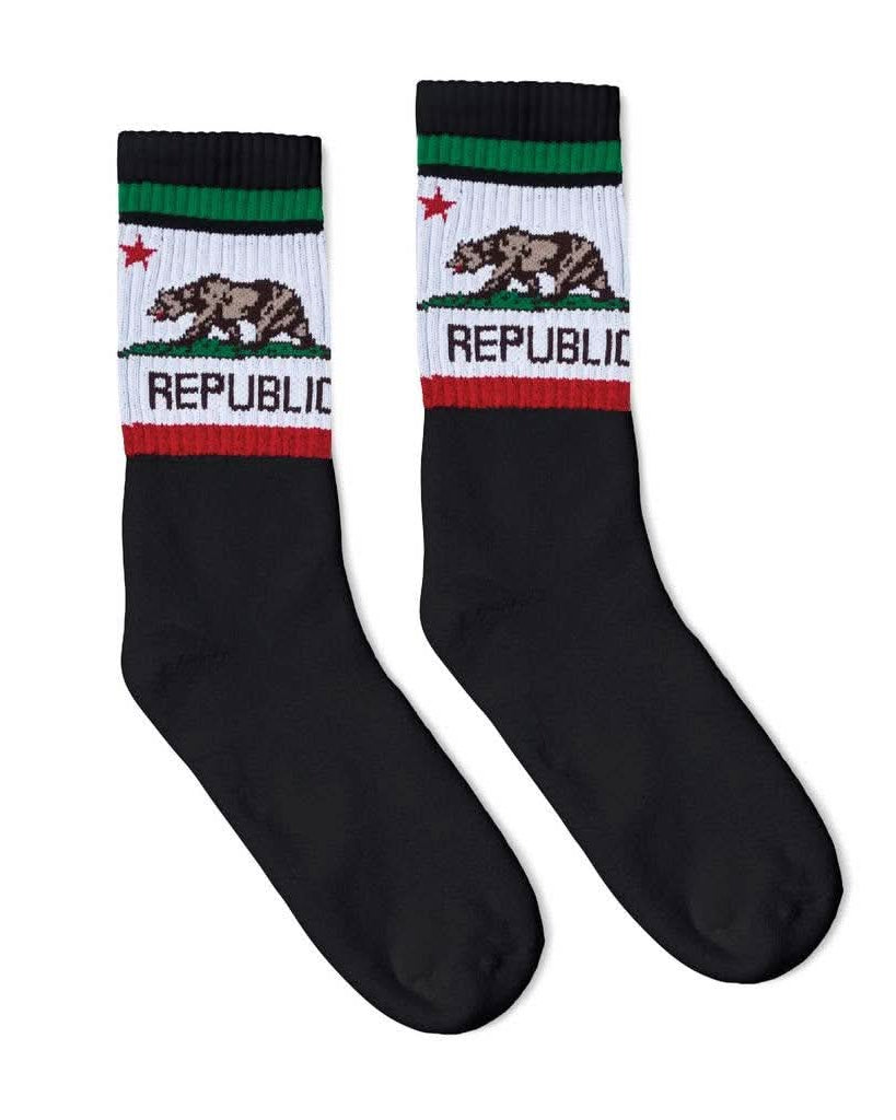Black tube socks with California Republic flag and bear print