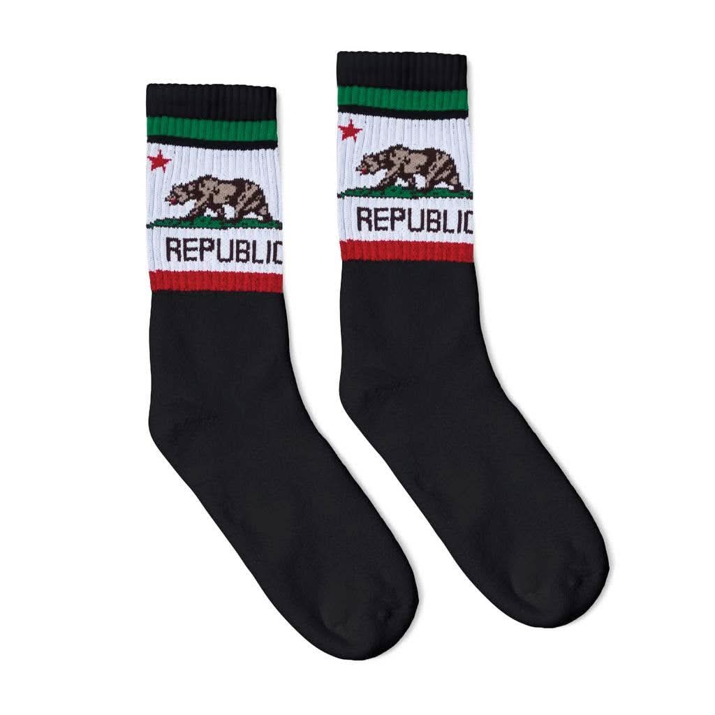 Black tube socks with California Republic flag and bear print