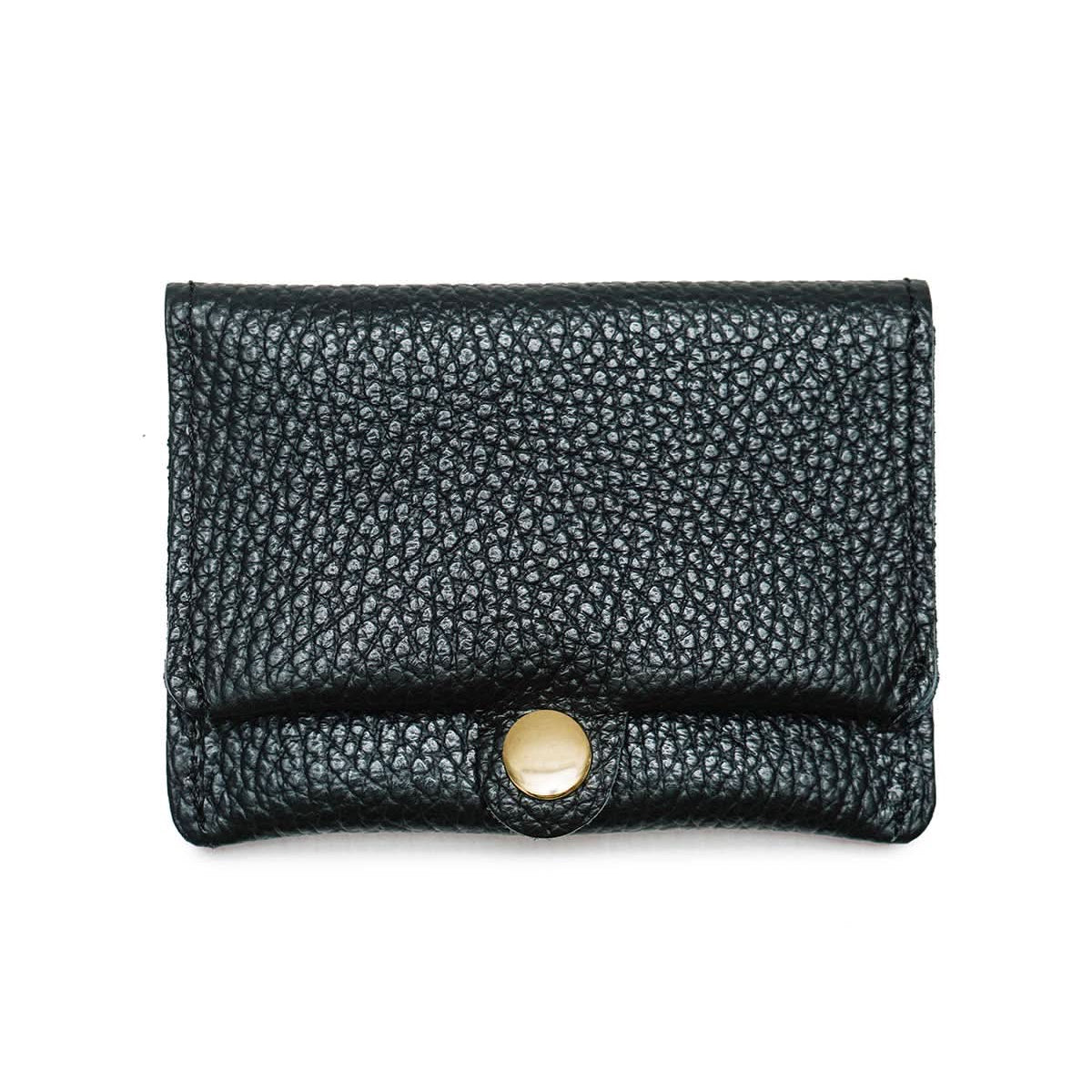 Black Grained cowhide leather card holder with gold Snap button closure