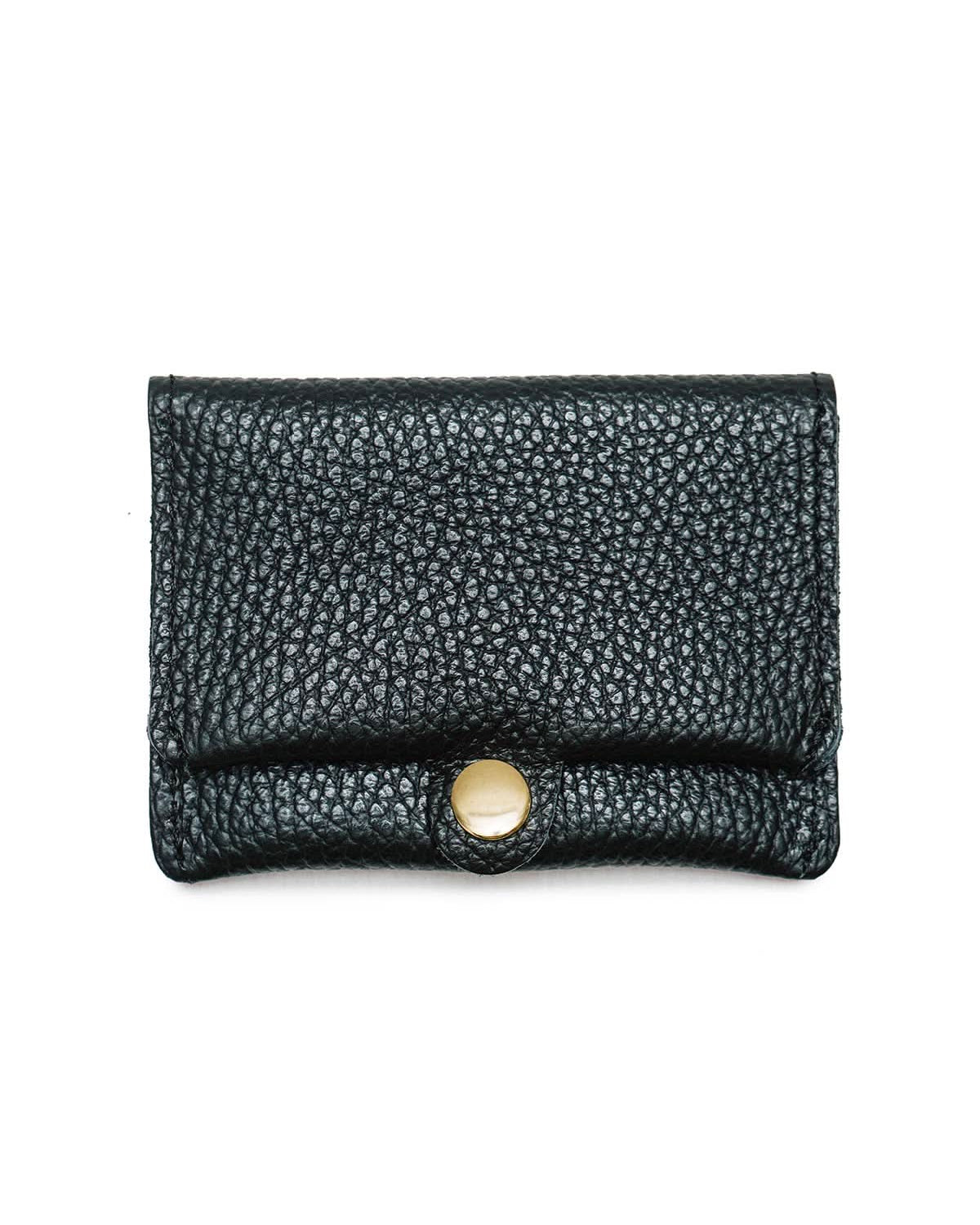 Black Grained cowhide leather card holder with gold Snap button closure