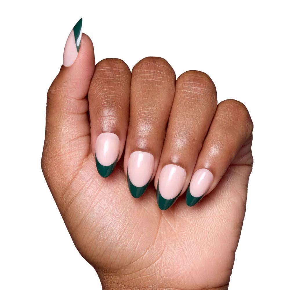 Glossy short almond semi-transparent press-on nails with dark green French tip