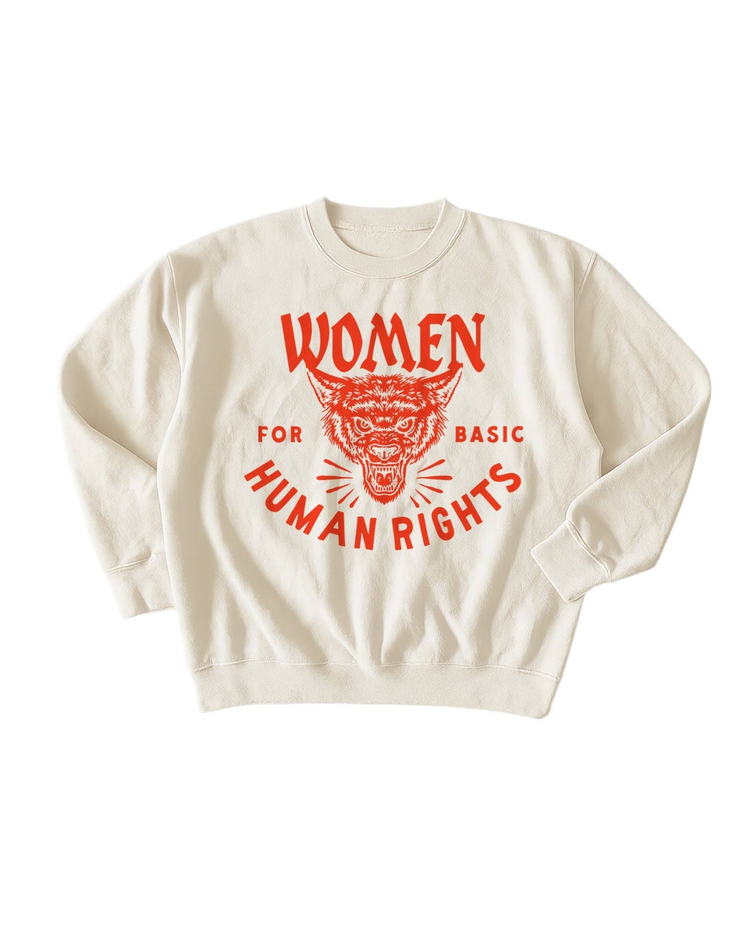 Beige sweatshirt with red graphic and text on a white background