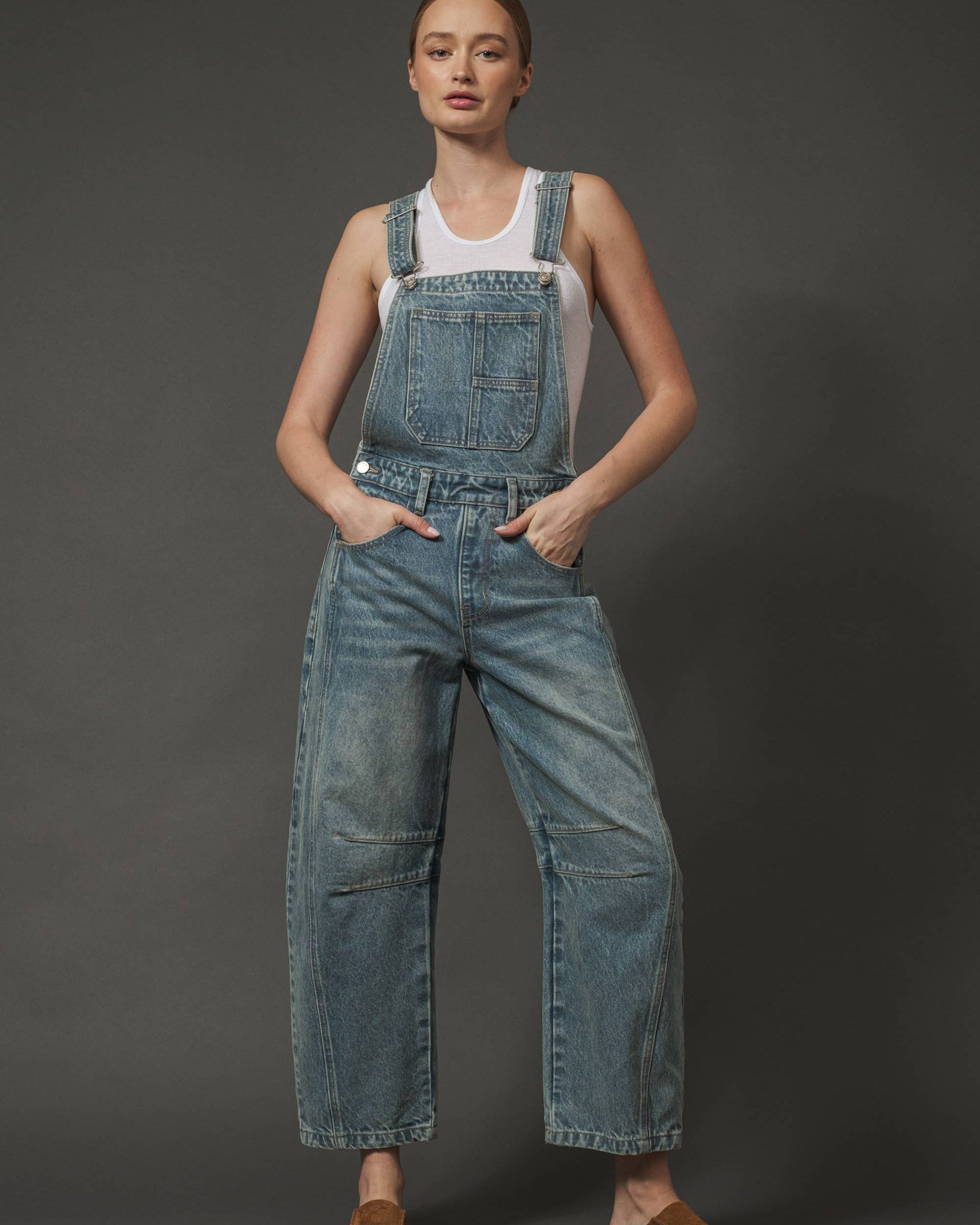 Person wearing blue denim overalls on a dark background