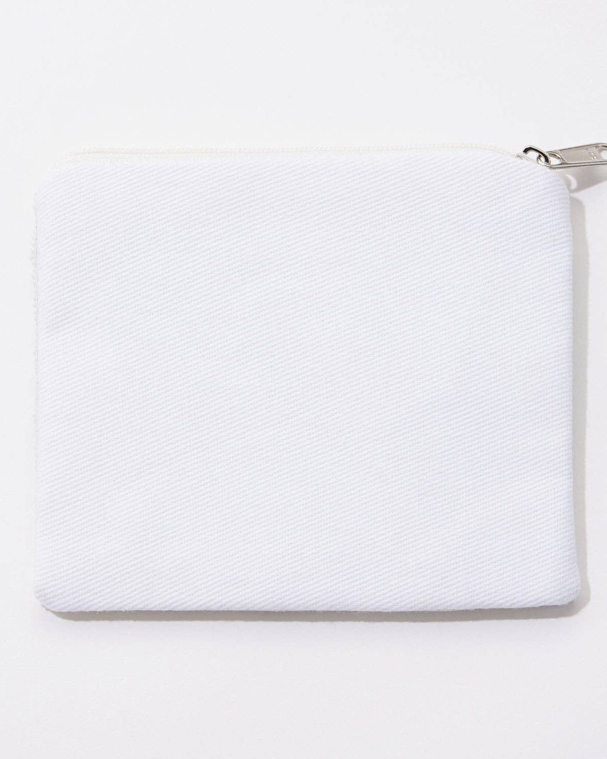 White rectangular pencil pouch with a silver clasp on a white background