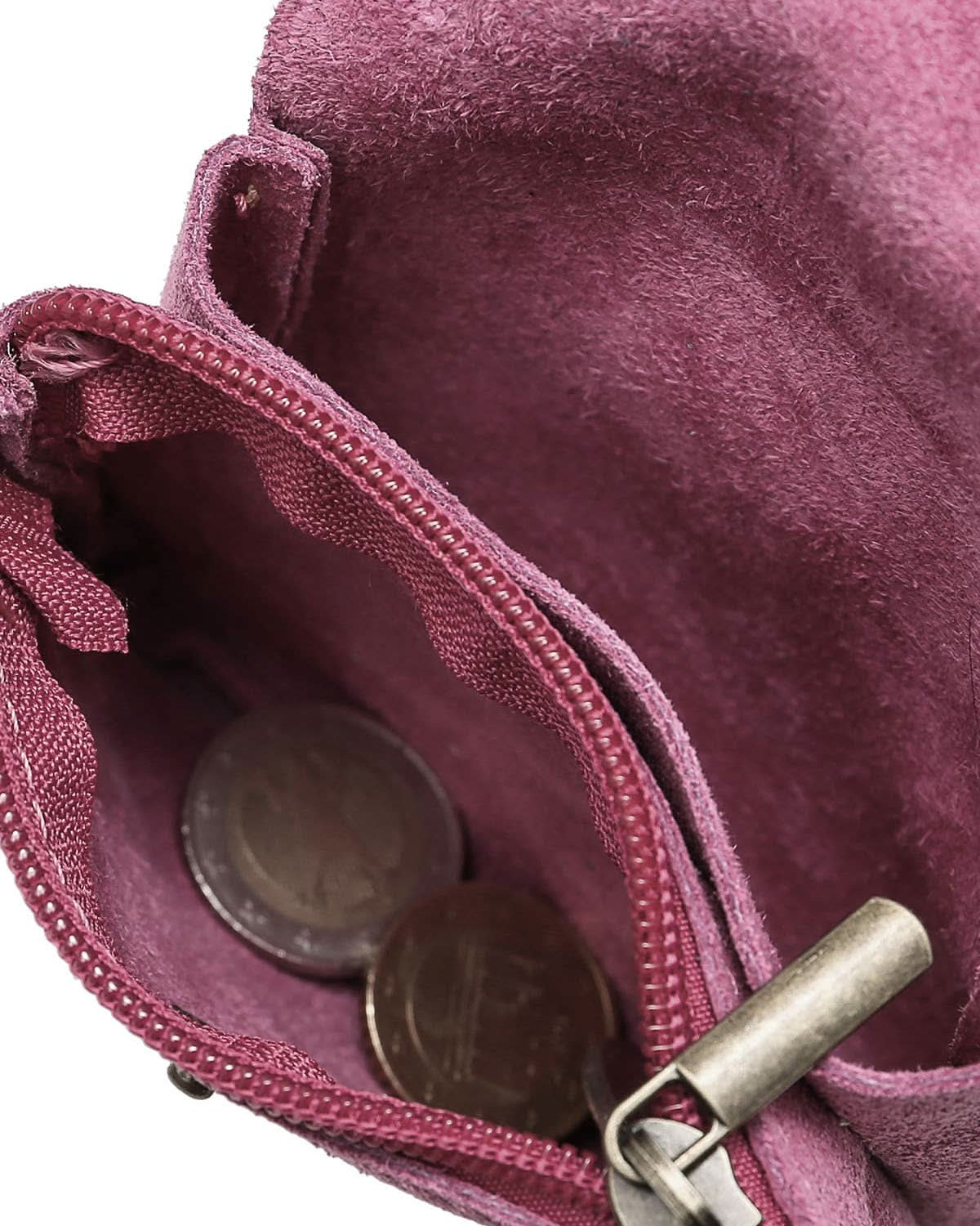 Inside look at the Fuschia pink Rough suede material leather wallet with flap and button clasp