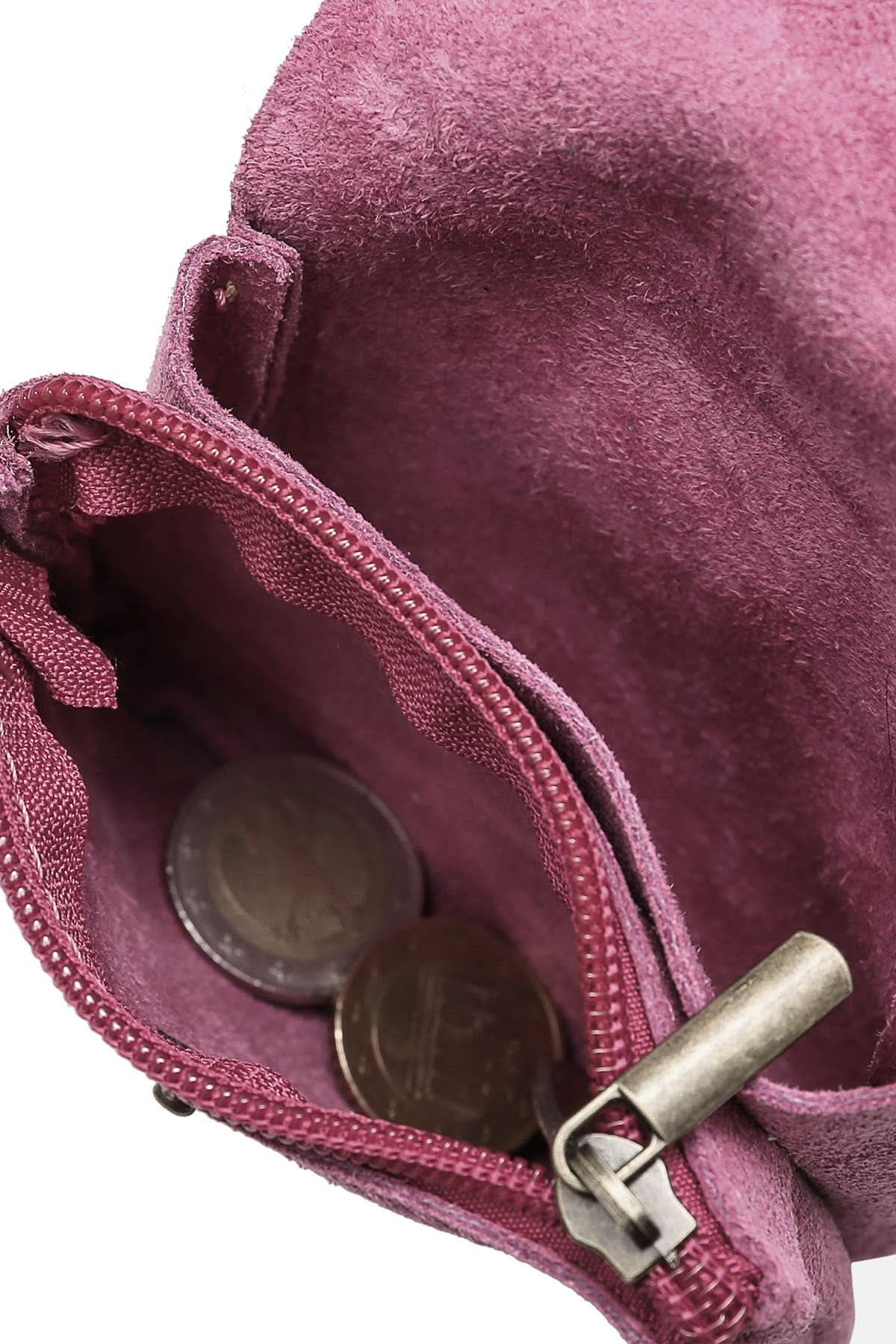 Inside look at the Fuschia pink Rough suede material leather wallet with flap and  button clasp