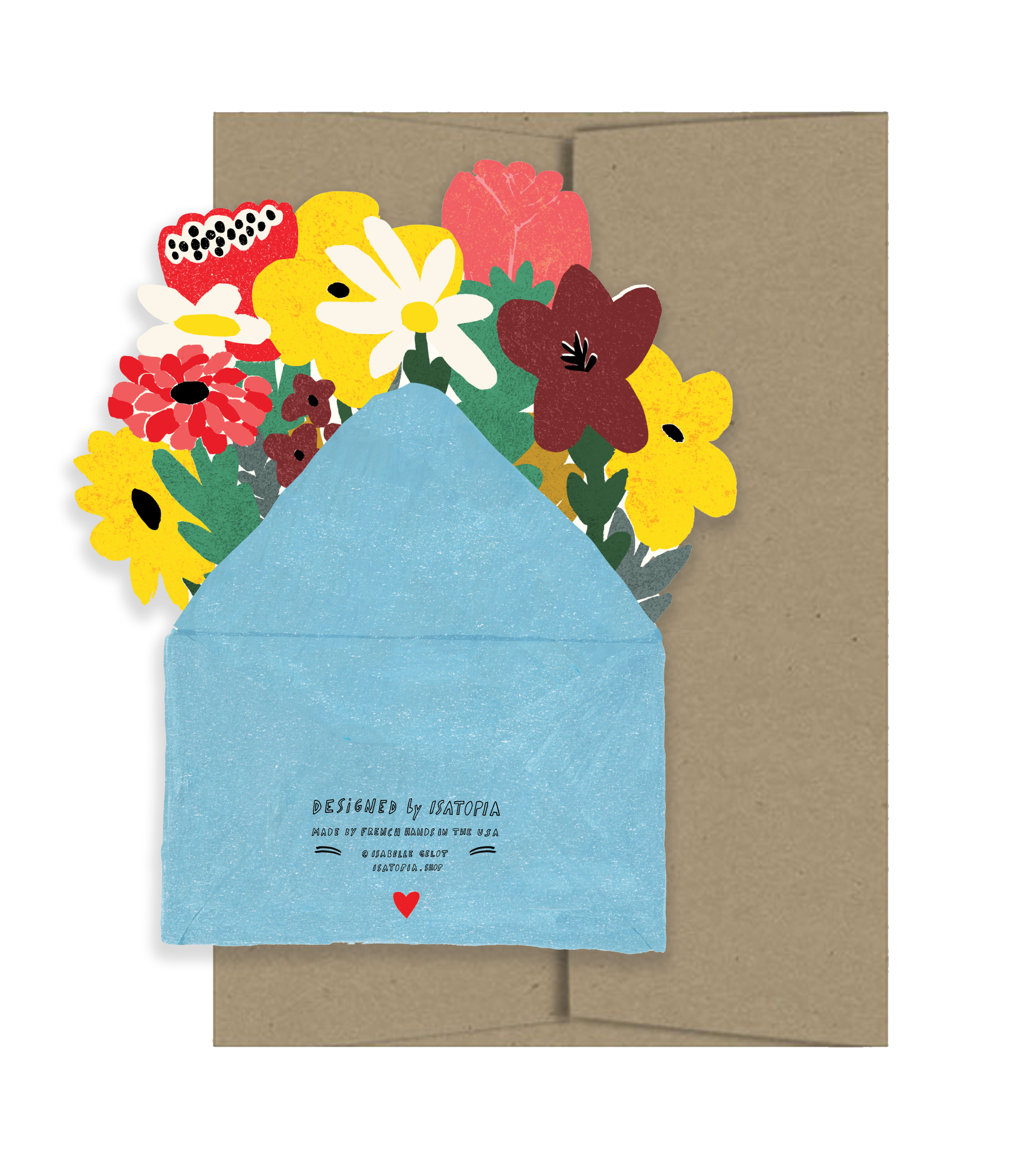 Greeting card with colorful floral design on the front and blue envelope inside, on a white background.