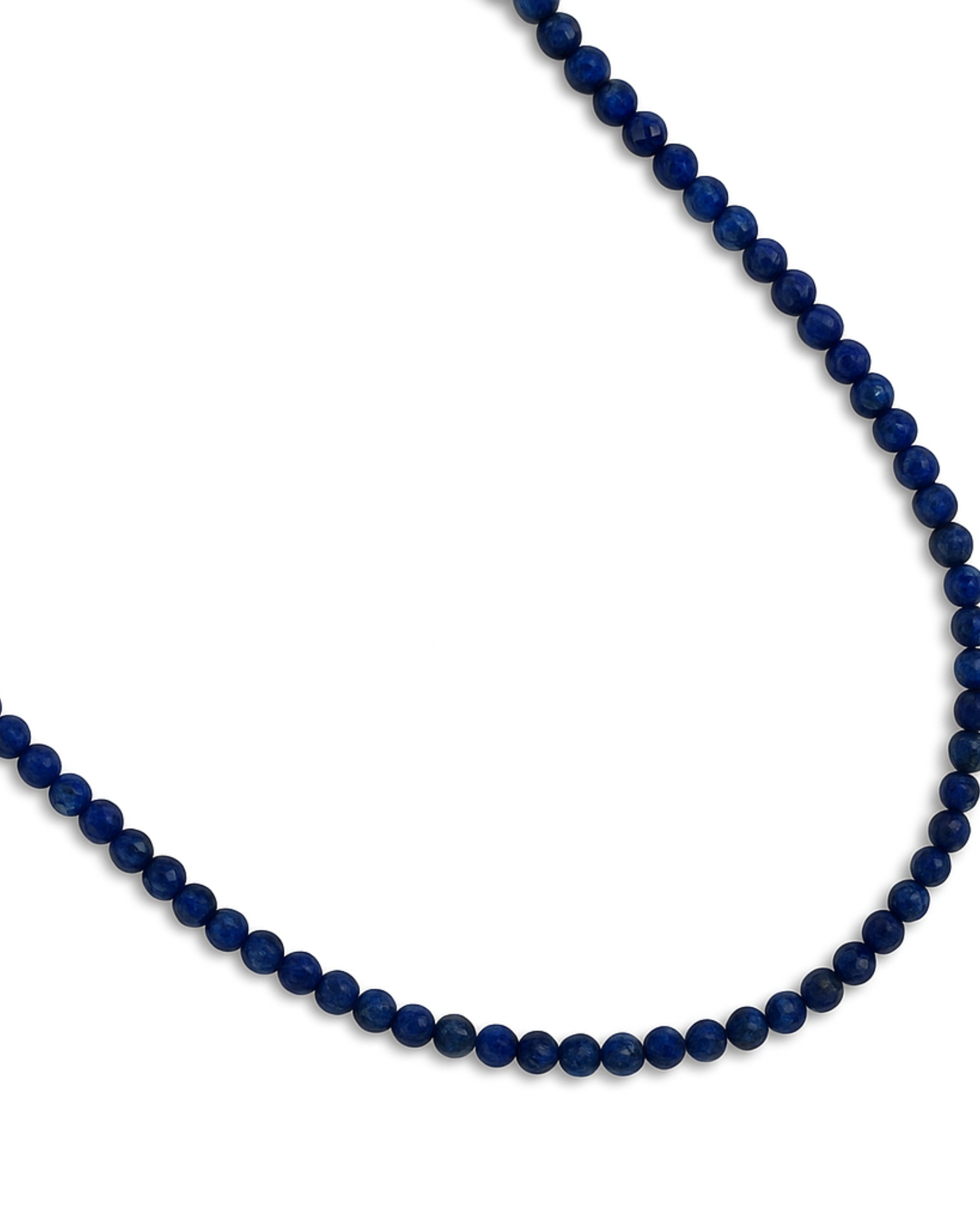 Navy blue beaded necklace on a white background