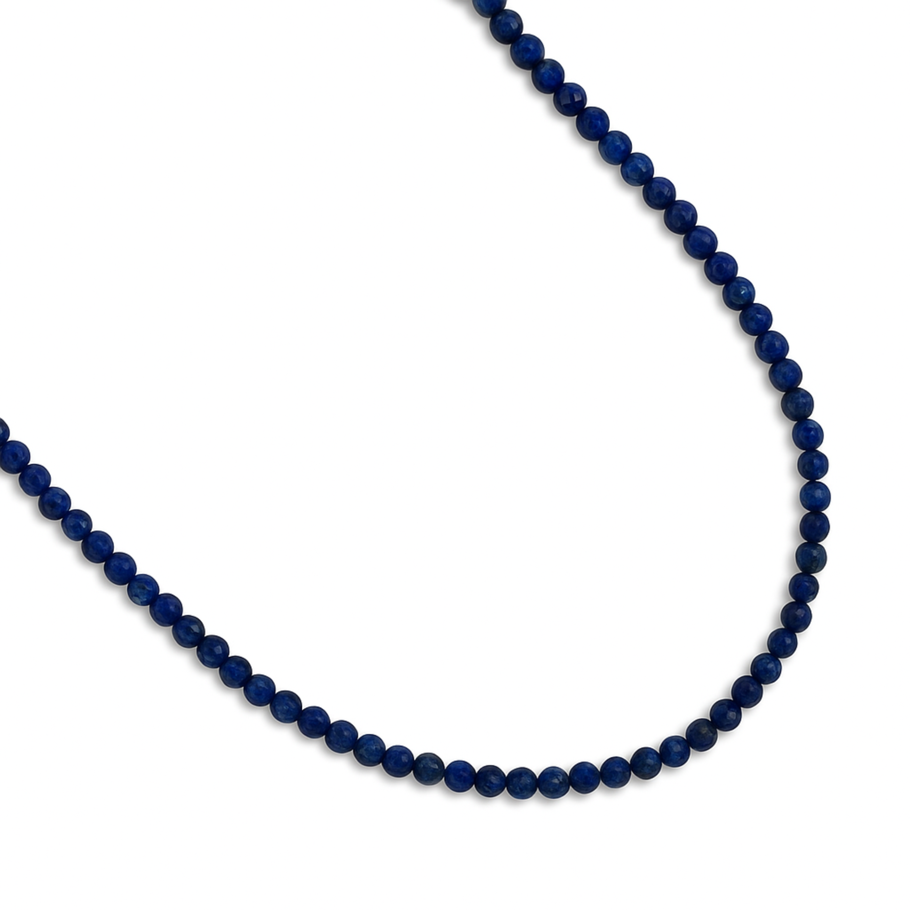 Navy blue beaded necklace on a white background