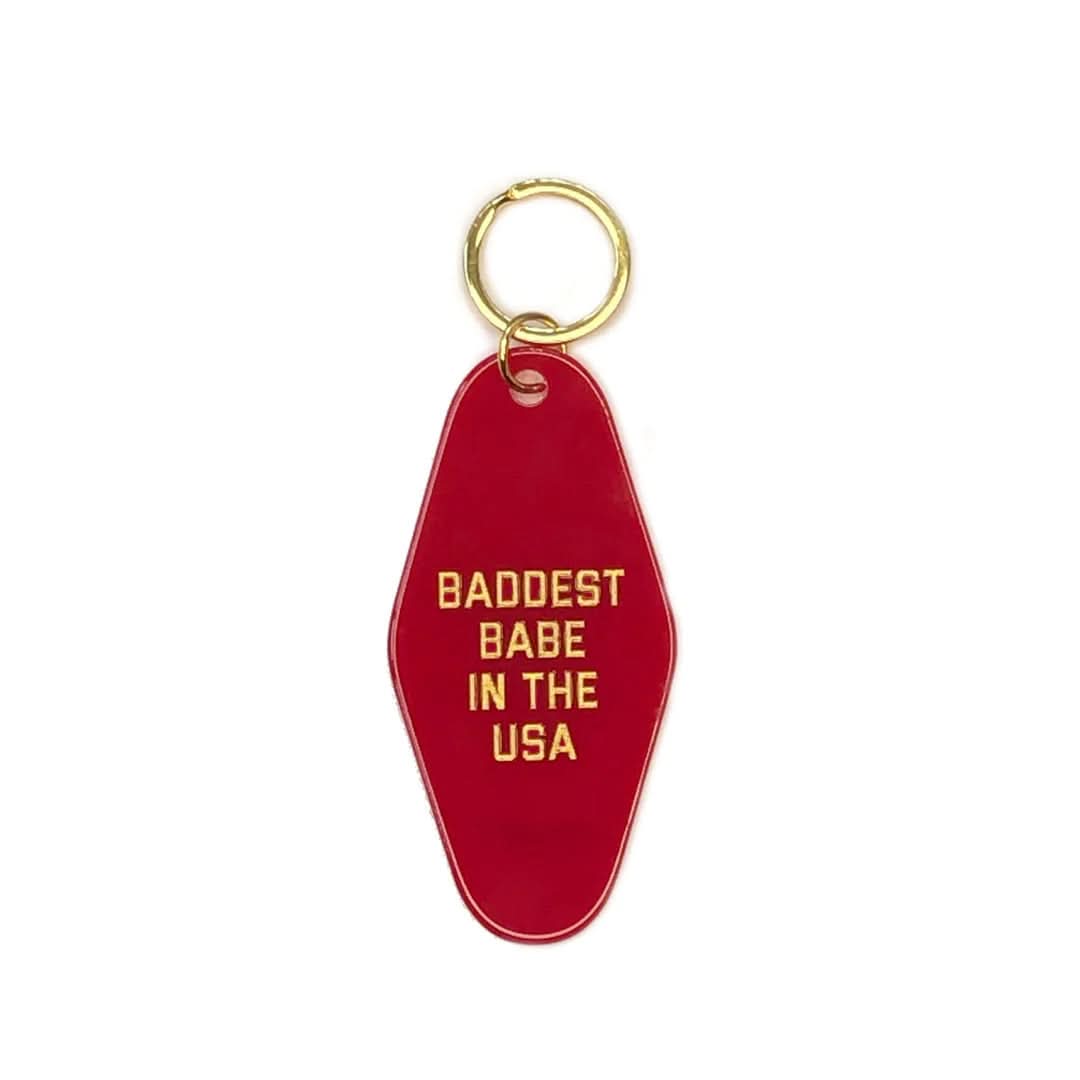 Red Baddest Babe In The USA motel keychain