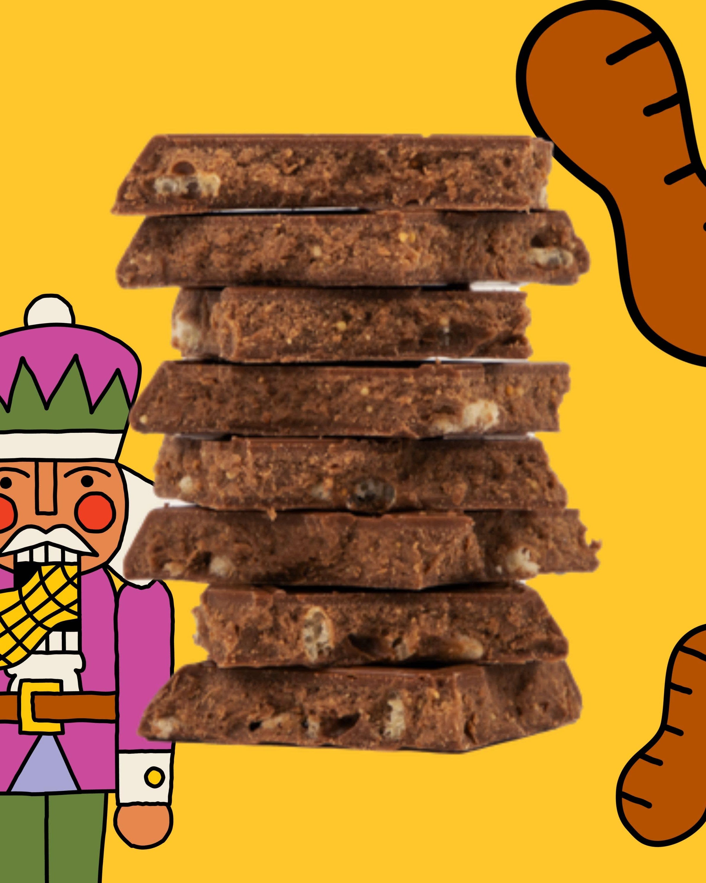 Cartoon nutcracker with a stack of cookies and peanuts on a yellow background