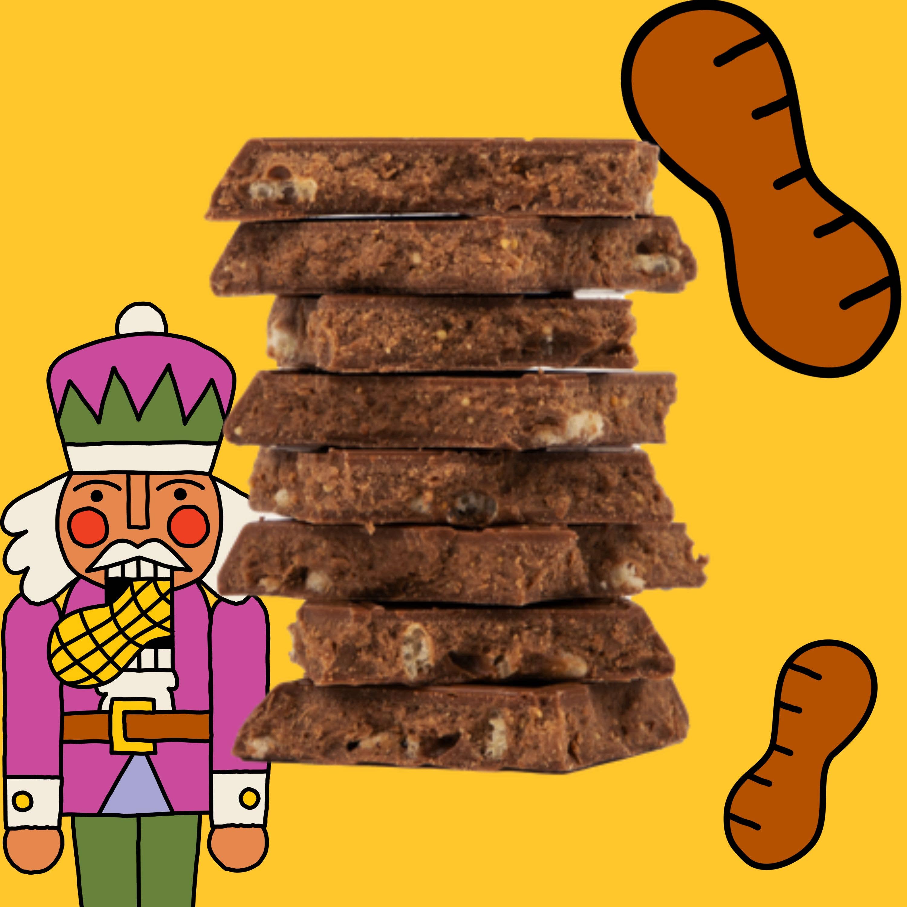 Cartoon nutcracker with a stack of cookies and peanuts on a yellow background