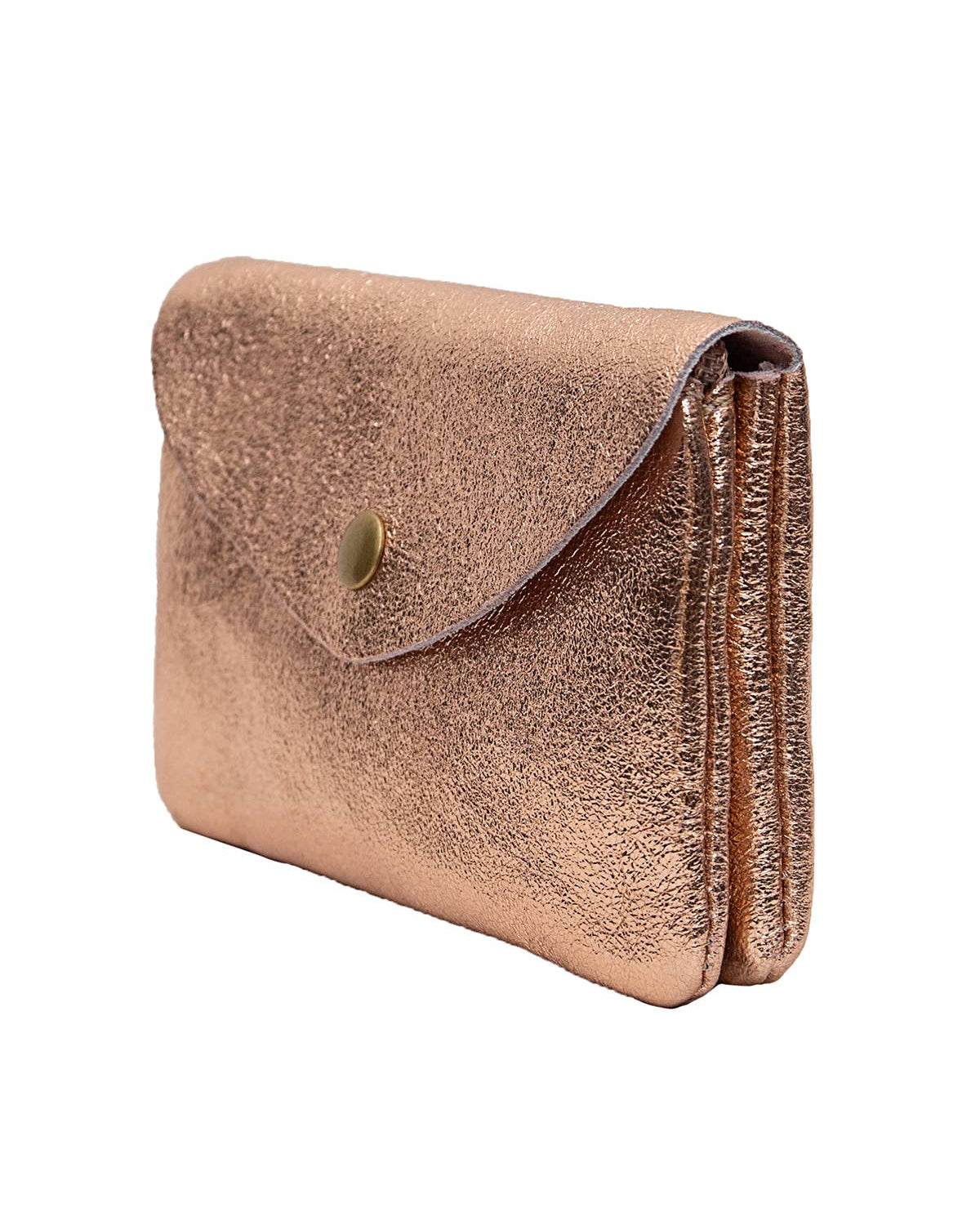 A metallic rose gold clutch wallet with a flap closure and a small gold snap button, shown on a plain white background.