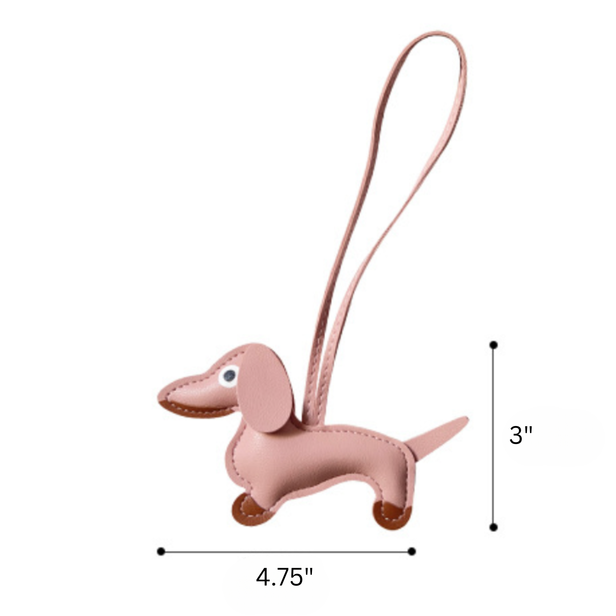 A pink Dachshund Leather Bag Charm with measurements 4.75” across and 3” tall not including the small strap