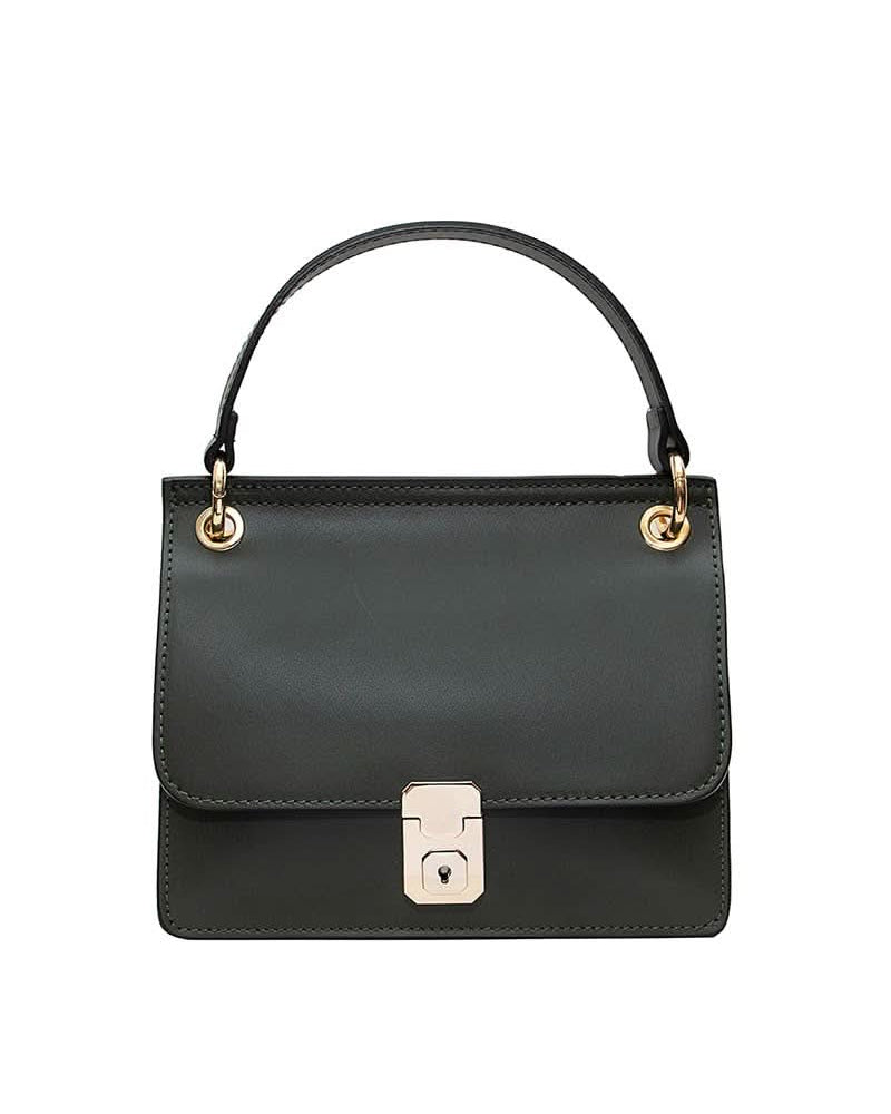 Black leather handbag with gold details and clasp sitting against white background