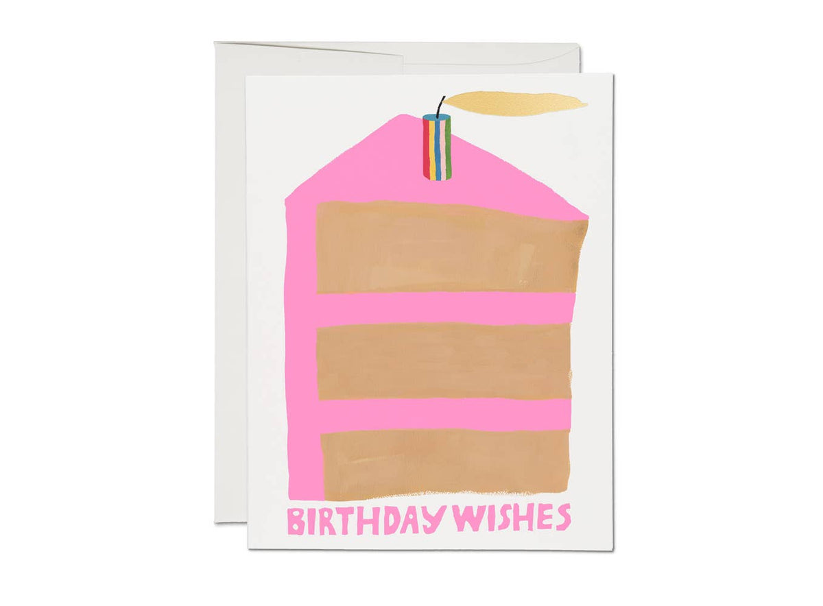 Greeting card with a cake illustration and 'Birthday Wishes' text on a white background