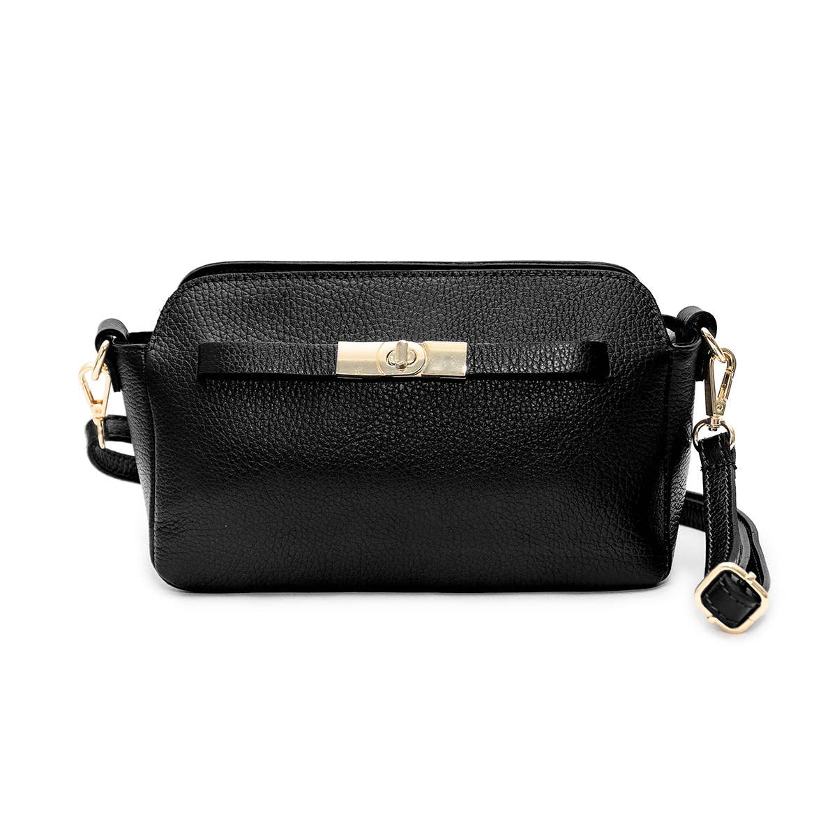 A black textured leather crossbody bag with a gold-tone turn-lock clasp and a small hanging charm, shown against a plain white background.