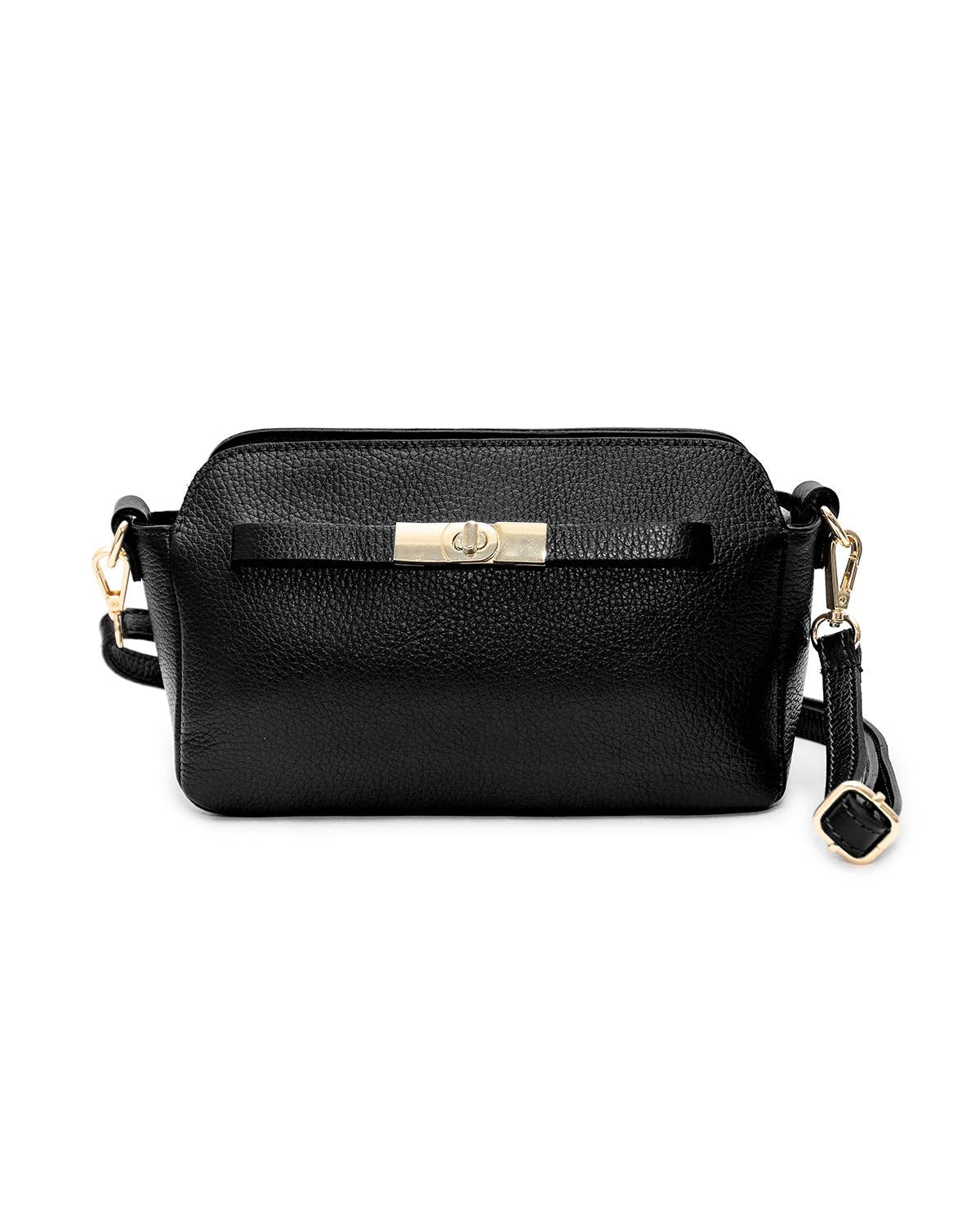 A black textured leather crossbody bag with a gold-tone turn-lock clasp and a small hanging charm, shown against a plain white background.