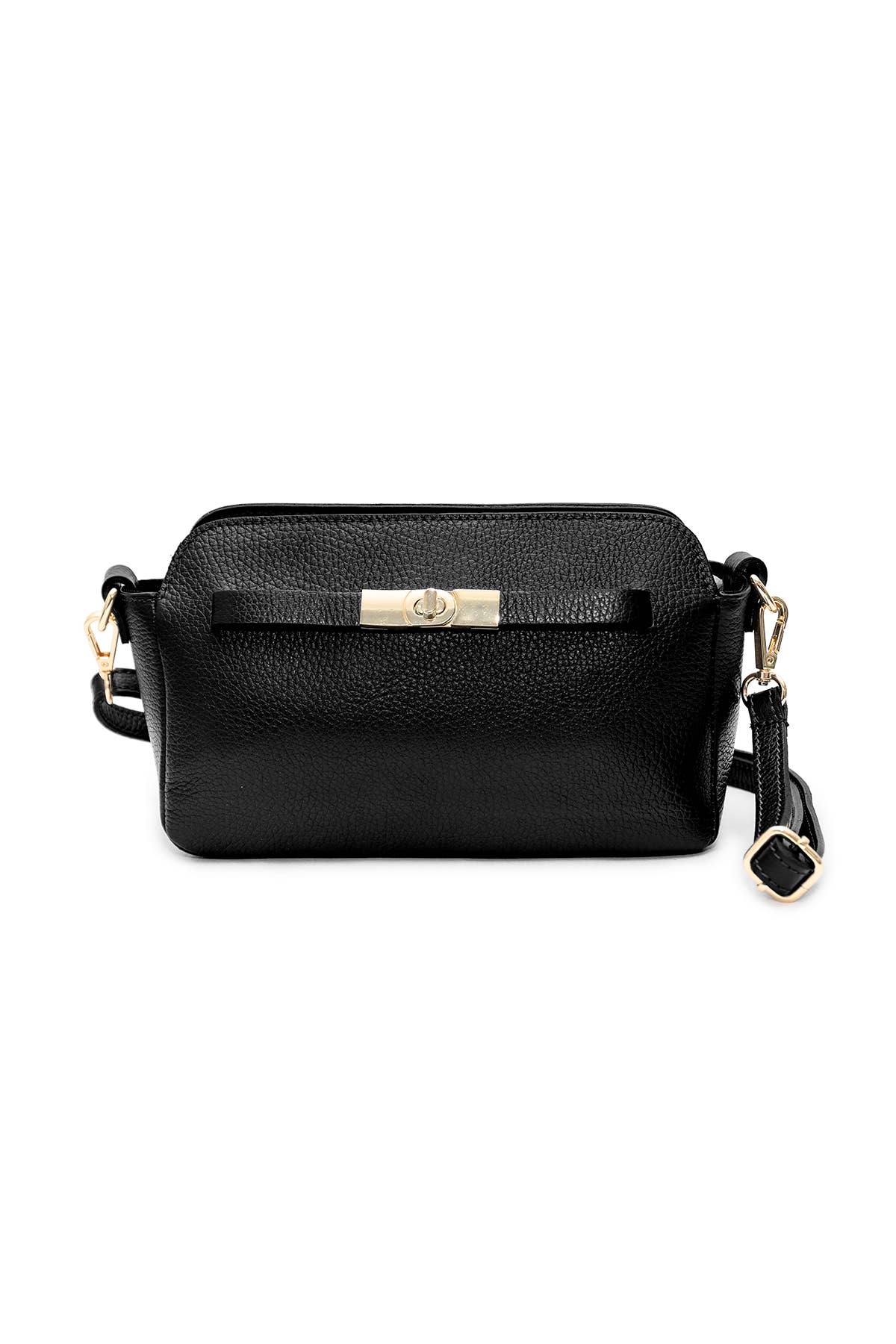 A black textured leather crossbody bag with a gold-tone turn-lock clasp and a small hanging charm, shown against a plain white background.