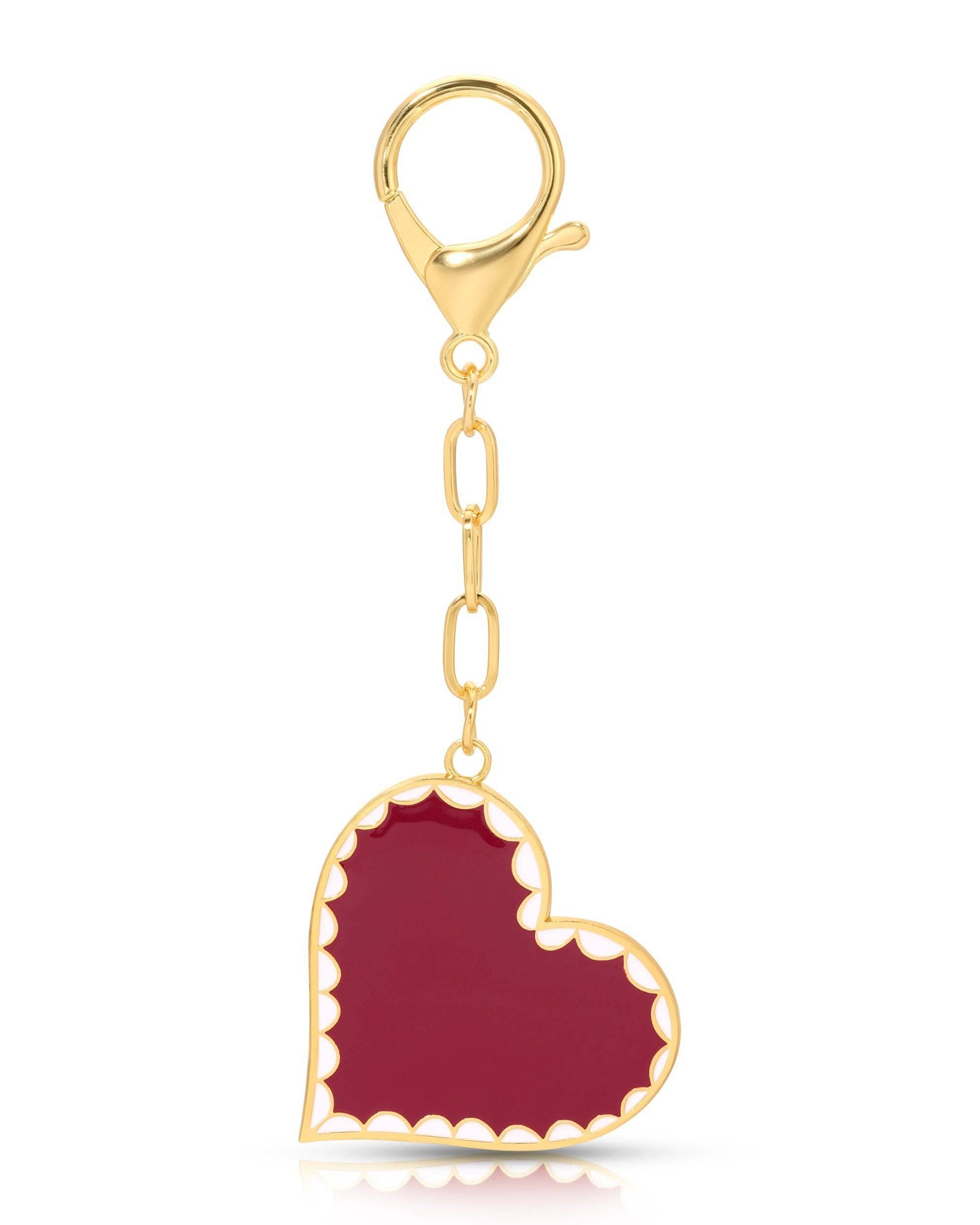 Hand painted enamel red heart bag charm with scalloped white and gold outline detail with gold chain and big lobster clip