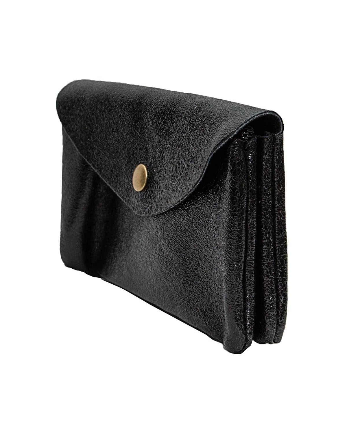 A black textured leather clutch bag with a gold-tone snap button closure, shown from a three-quarters angle on a plain white background.