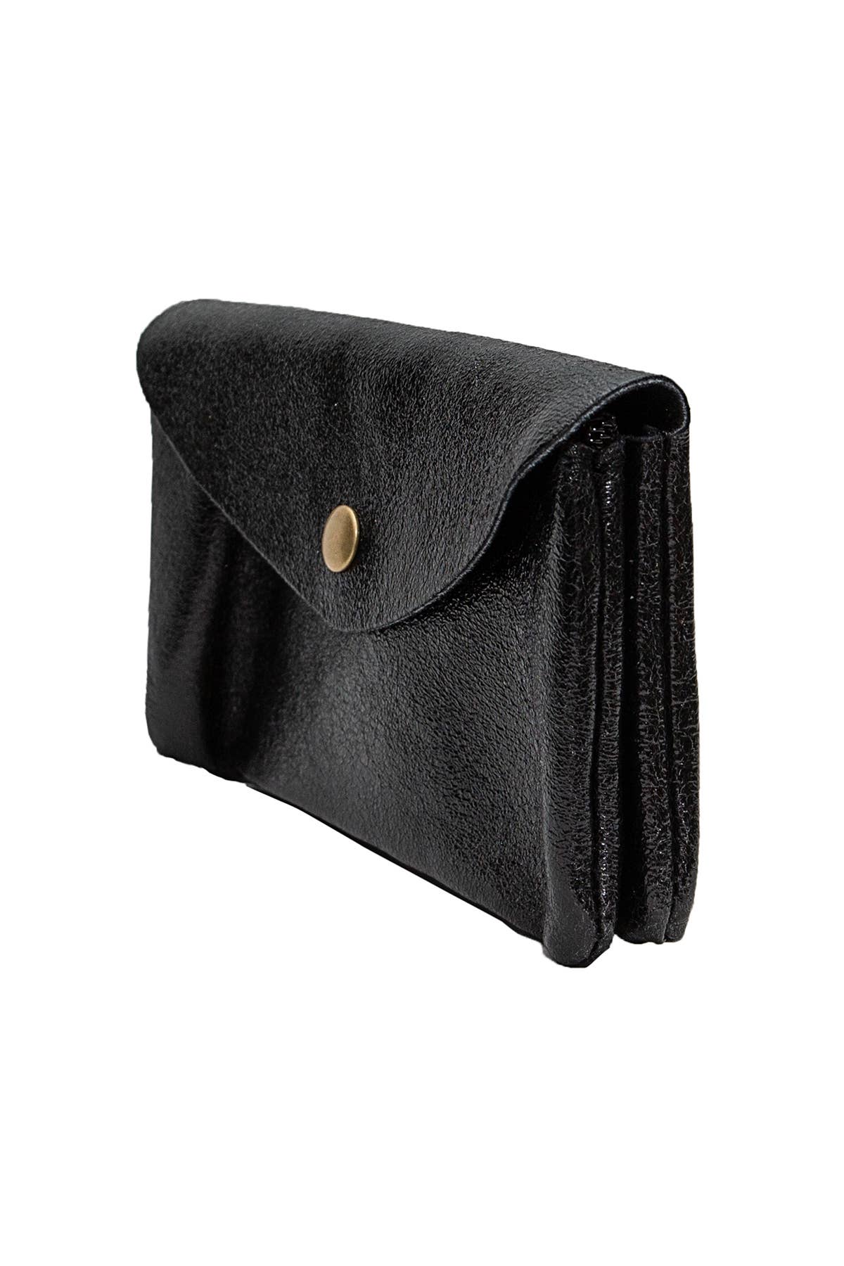 A black textured leather clutch bag with a gold-tone snap button closure, shown from a three-quarters angle on a plain white background.