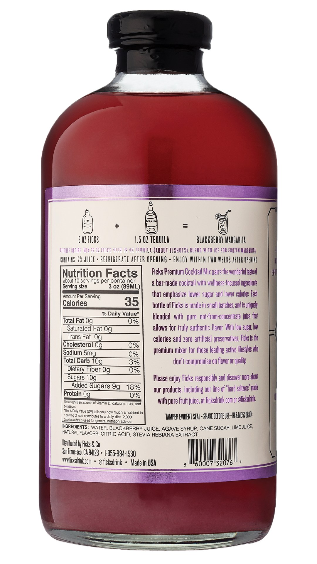 Glass bottle containing purple cocktail mixer liquid turned showing ingredients with white background