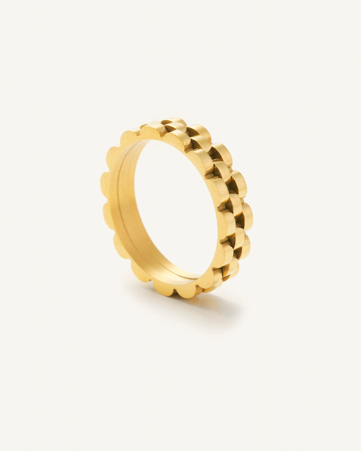 Gold, waterproof, tarnish free, watch band ring on a white background