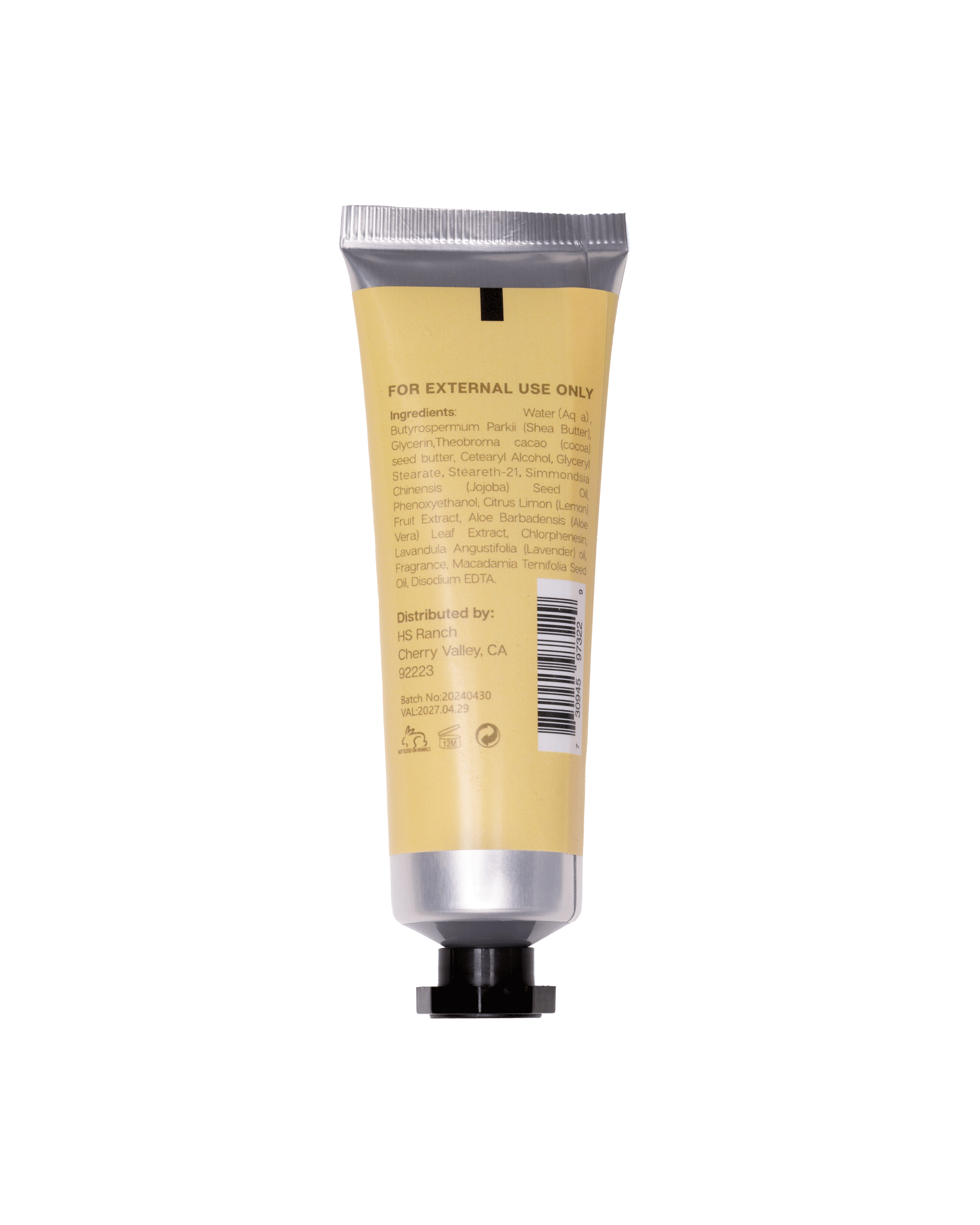 Hand cream tube with silver cap and label on a white background