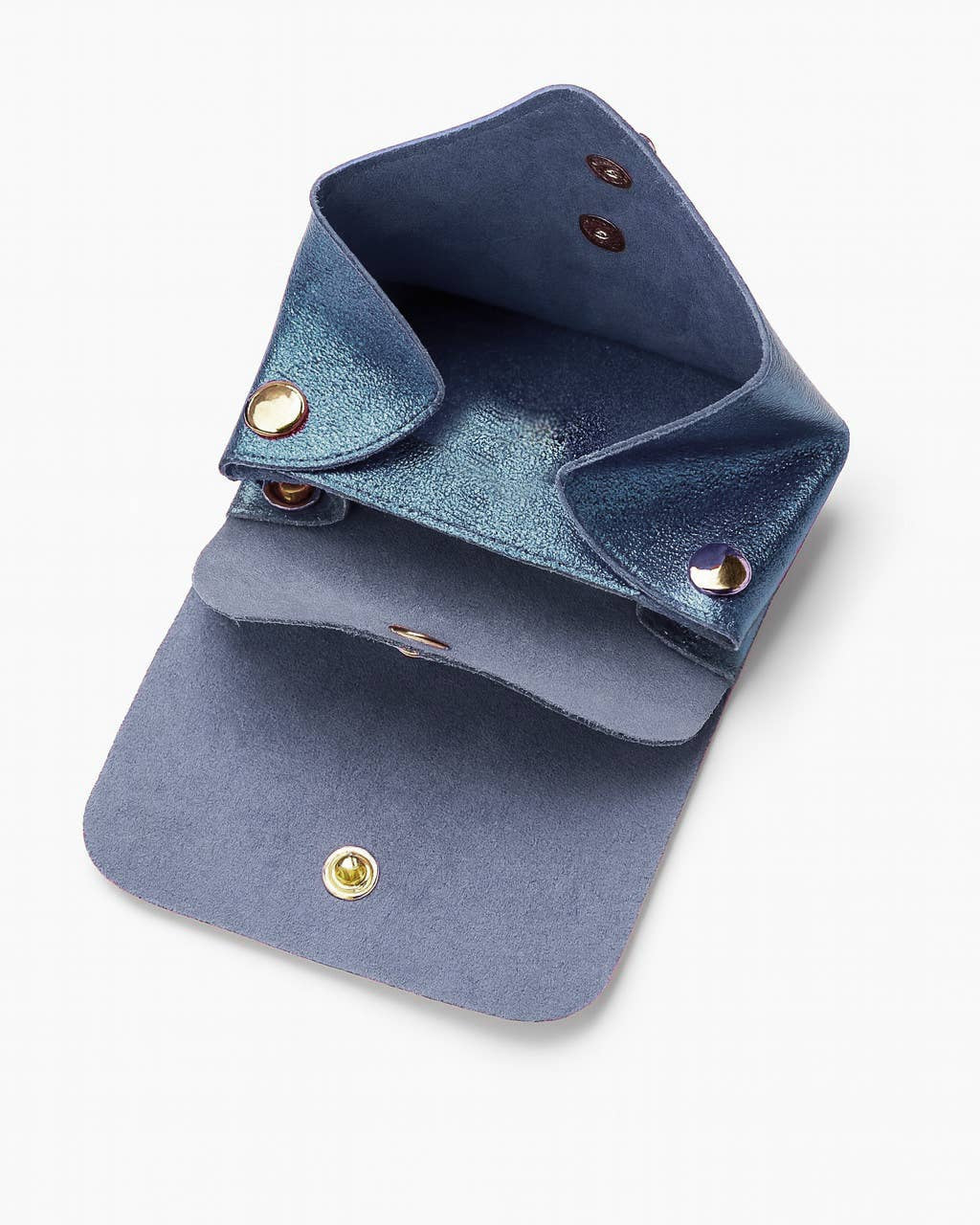 Blue leather pouch with gold buttons on a white background