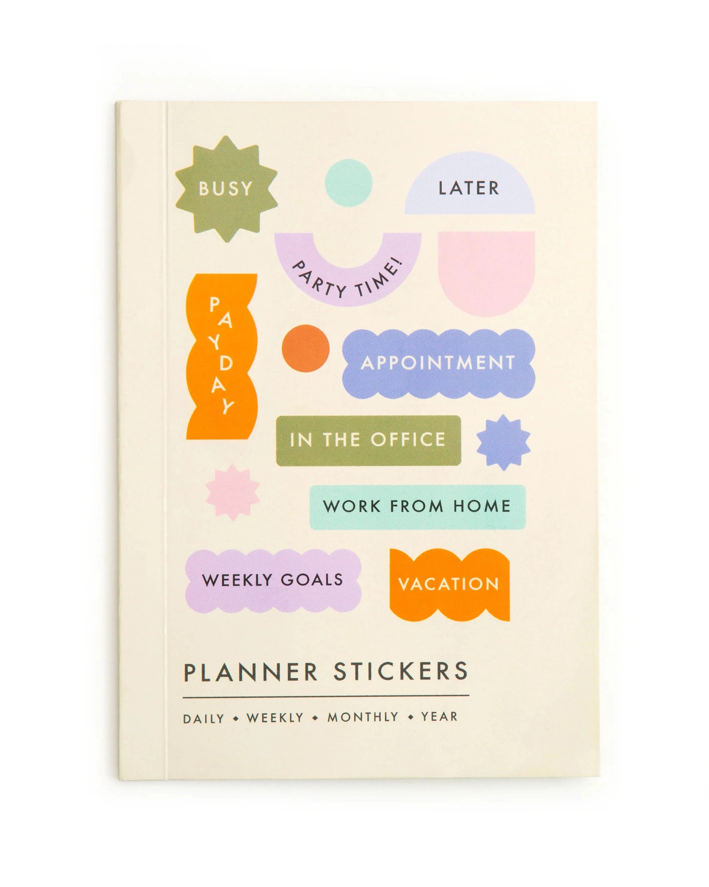 Booklet of Planner stickers for daily, weekly, monthly, yearly. Booklet laying on white background
