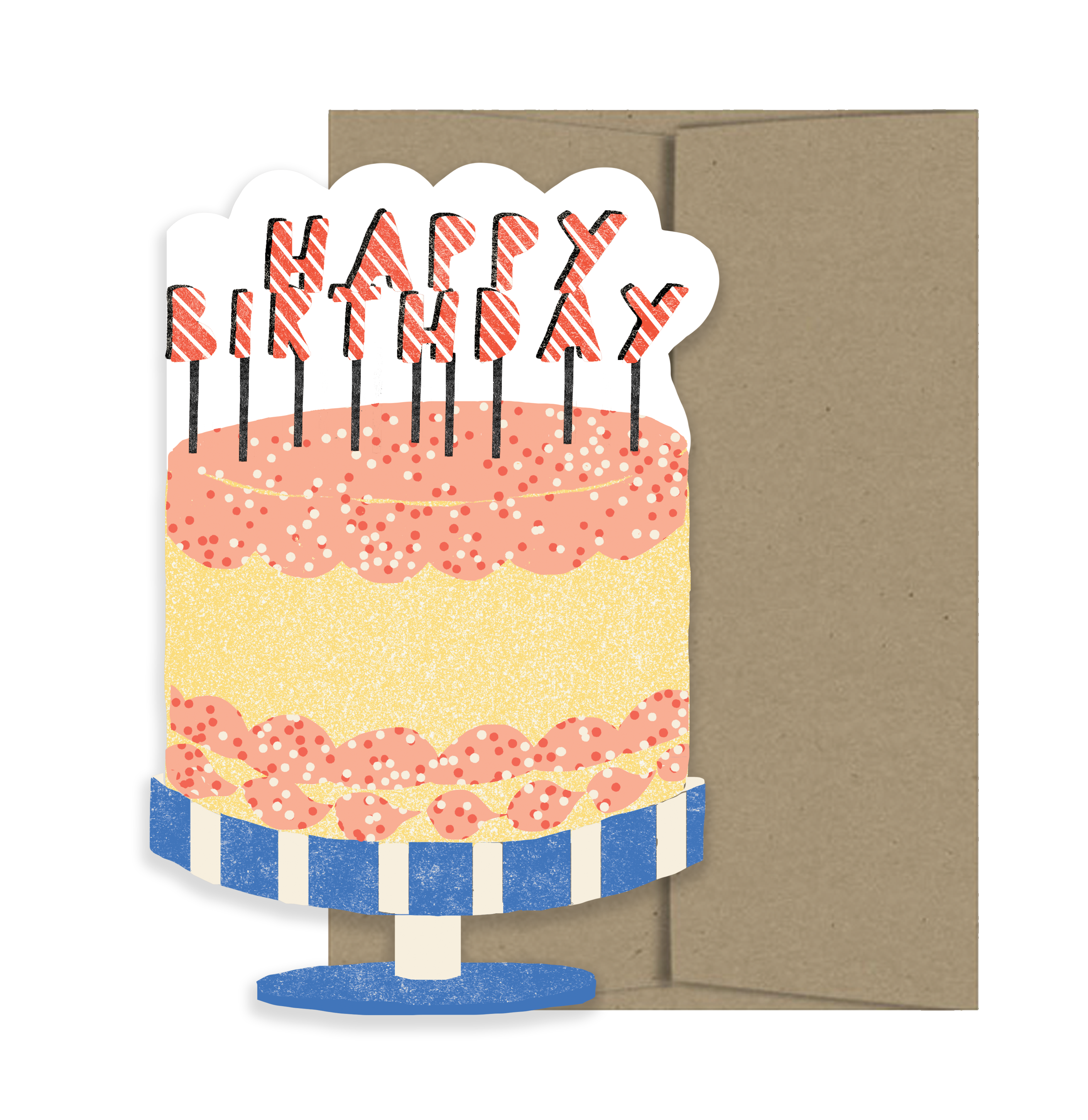 Yellow Happy Birthday cake with pink frosting and sprinkles card with a brown envelope.