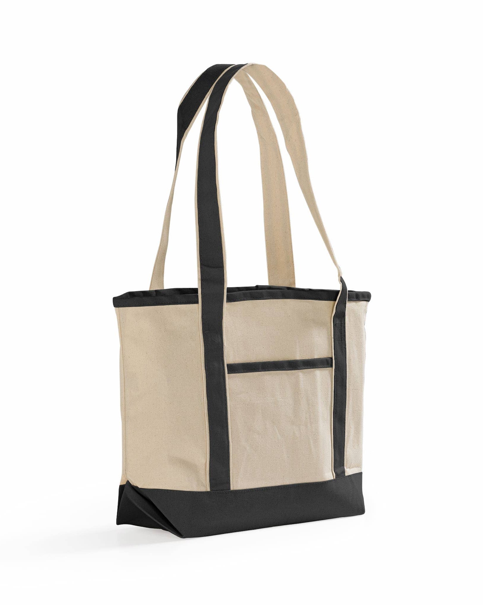 Beige and black tote bag on a white background