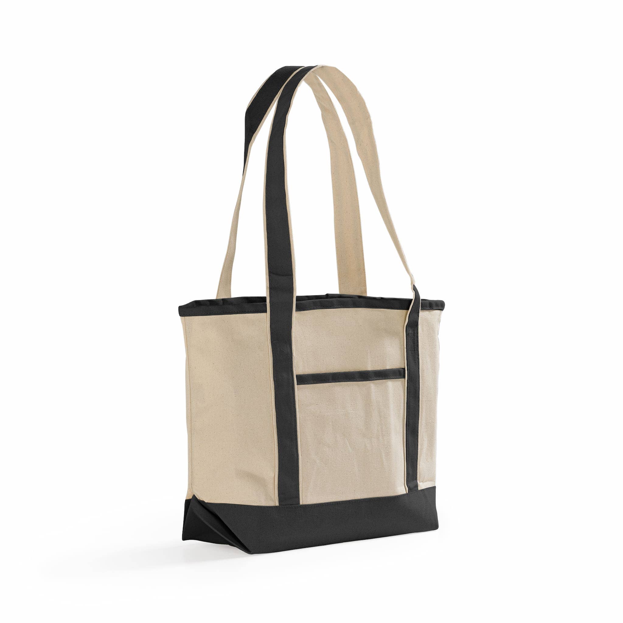 Beige and black tote bag on a white background