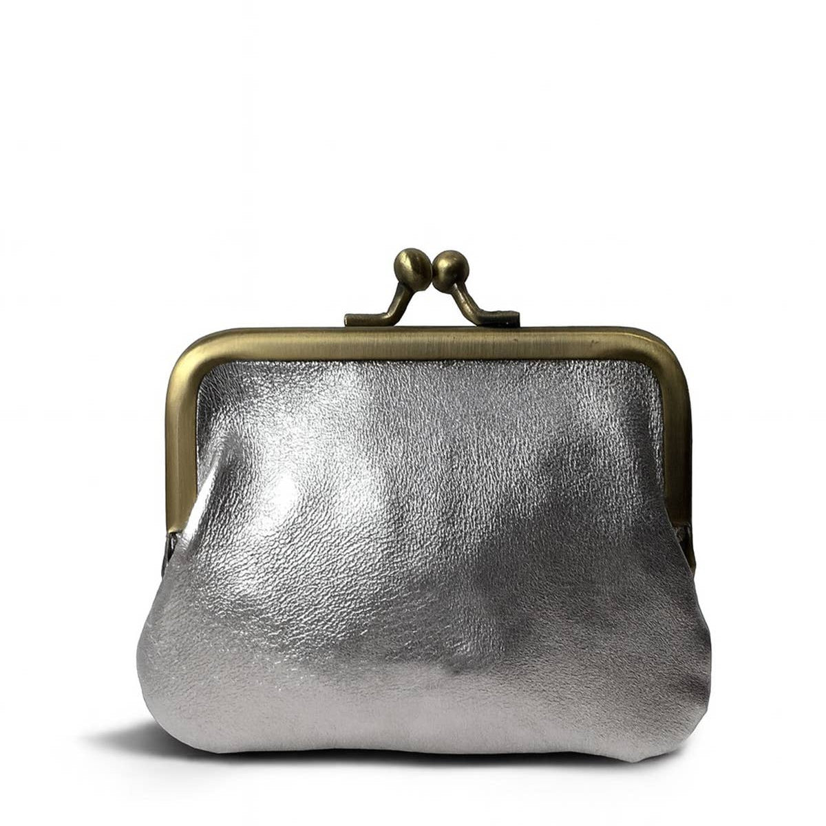 A metallic silver kiss-lock clutch bag with an antique bronze metal frame and clasp, shown on a clean white background.