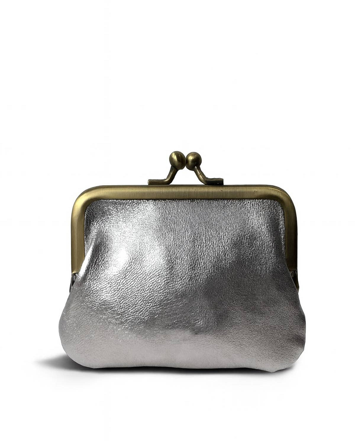 A metallic silver kiss-lock clutch bag with an antique bronze metal frame and clasp, shown on a clean white background.