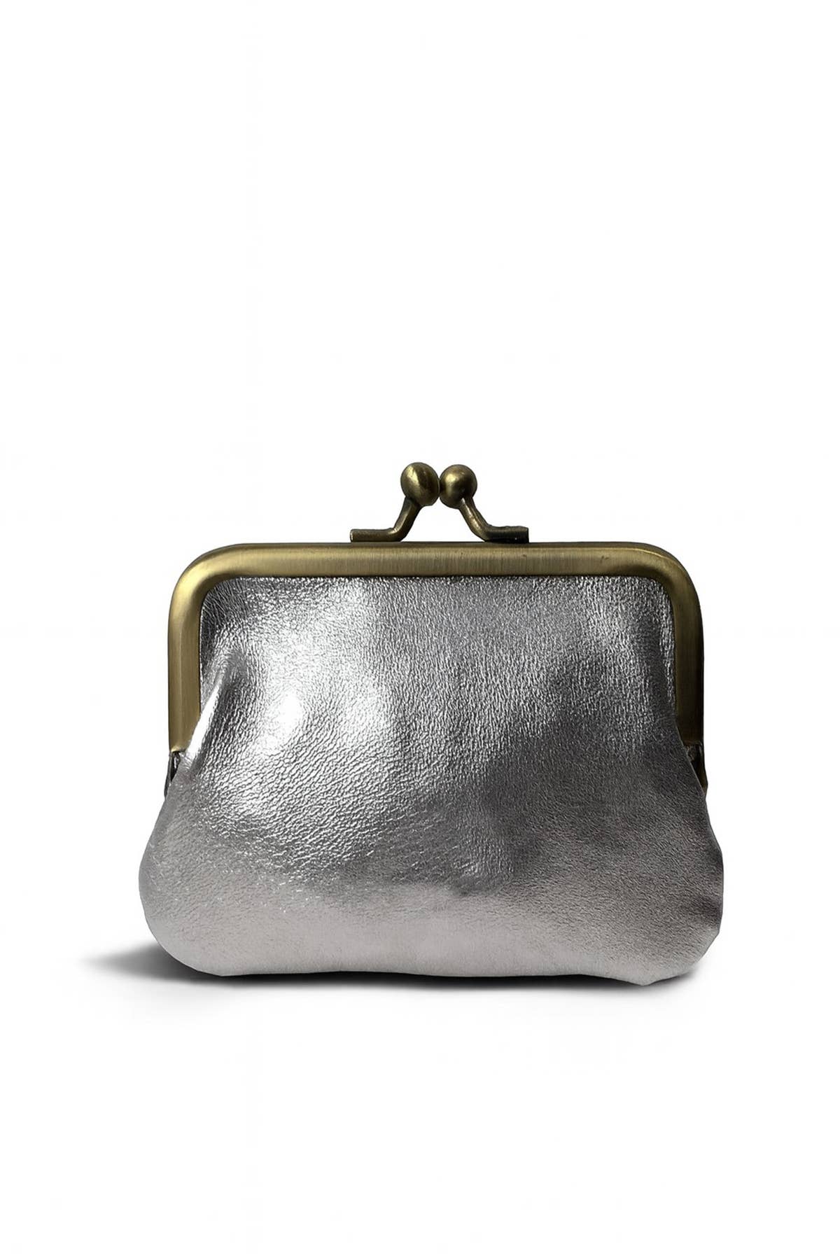 A metallic silver kiss-lock clutch bag with an antique bronze metal frame and clasp, shown on a clean white background.