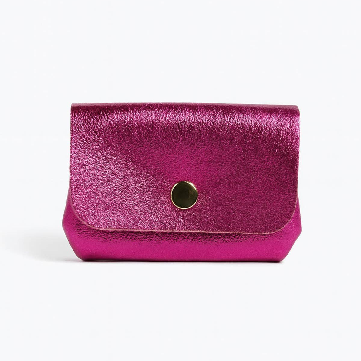 Pink metallic wallet with a gold button on a white background